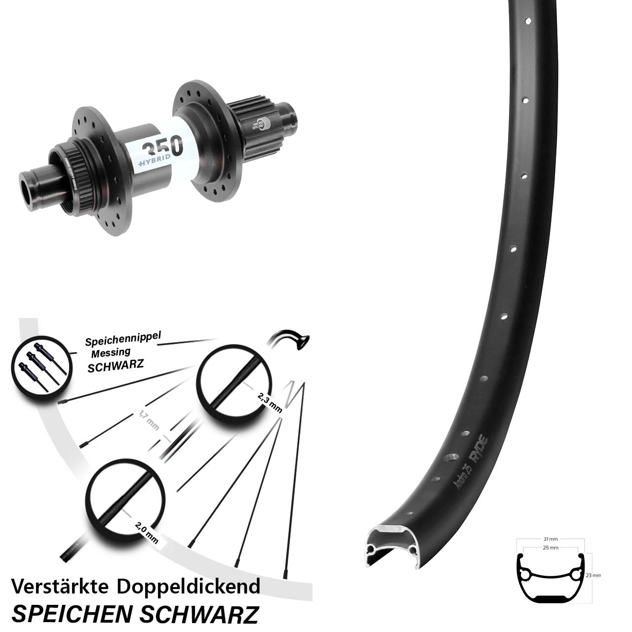 28 Zoll Ryde Andra 25 DT Swiss 350 Hybrid Disc Hinterrad 12x148 Shimano Micro Spline