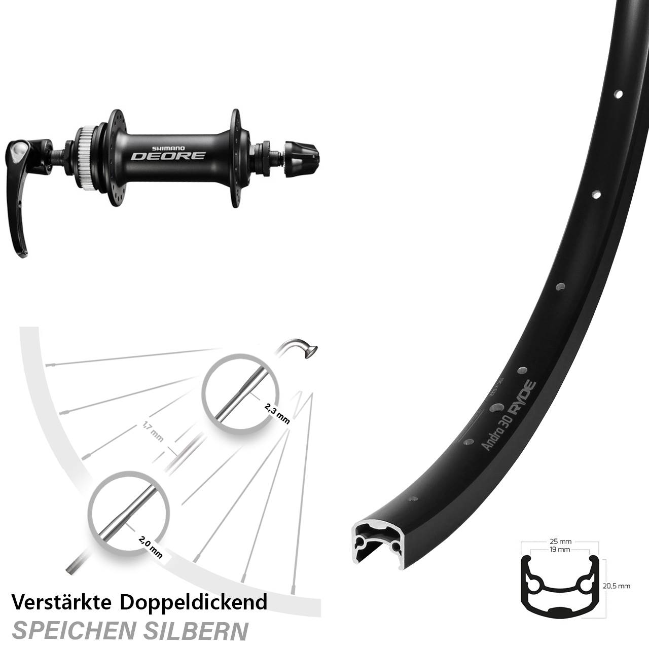 Vorderrad Centerlock für Schnellspanner 29 Zoll Ryde Andra 30 Shimano Deore HB-M6000