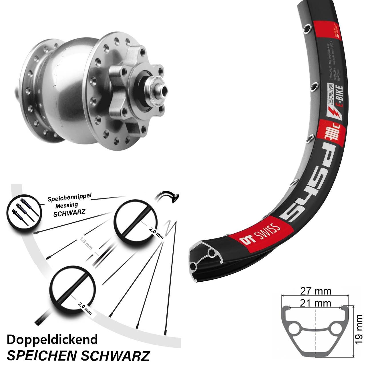 Disc Dynamo-Vorderrad für Schnellspanner 26 Zoll DT Swiss 545d SON 28 silbern