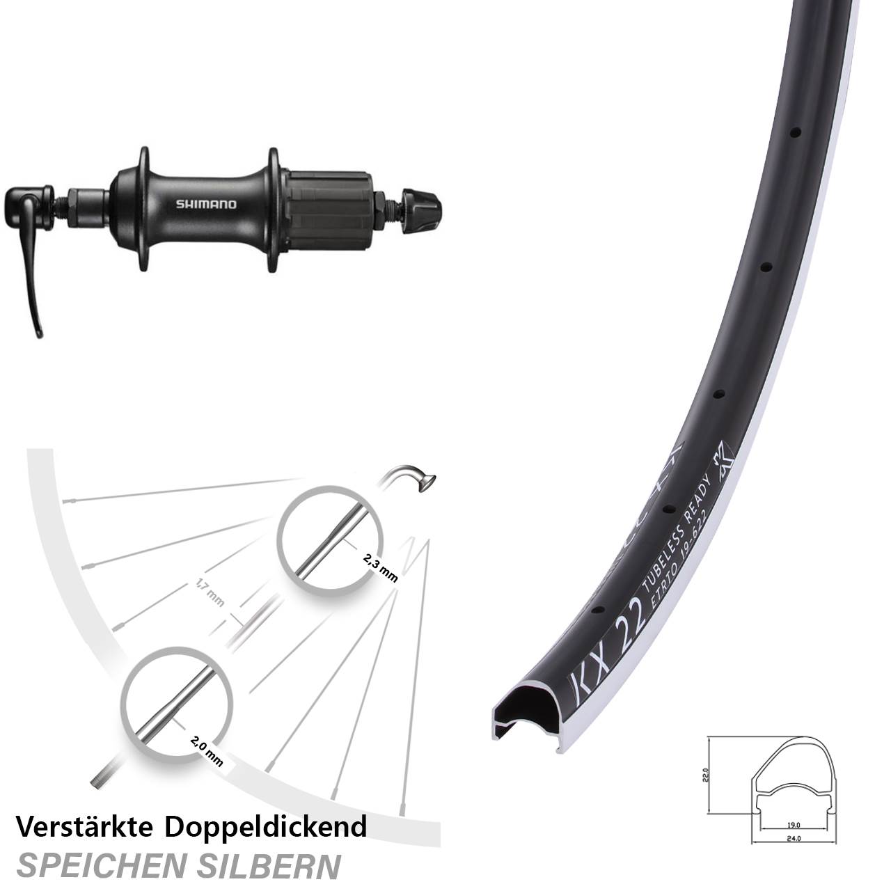 KX 22 OS Shimano FH-T3000 28 Zoll Hinterrad für Schnellspanner 8-11 fach