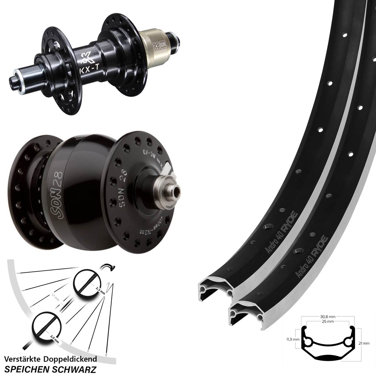 Laufradsatz für Schnellspanner 27,5 Zoll Ryde Andra 40 KX-T SON 28 XD 11-12 fach