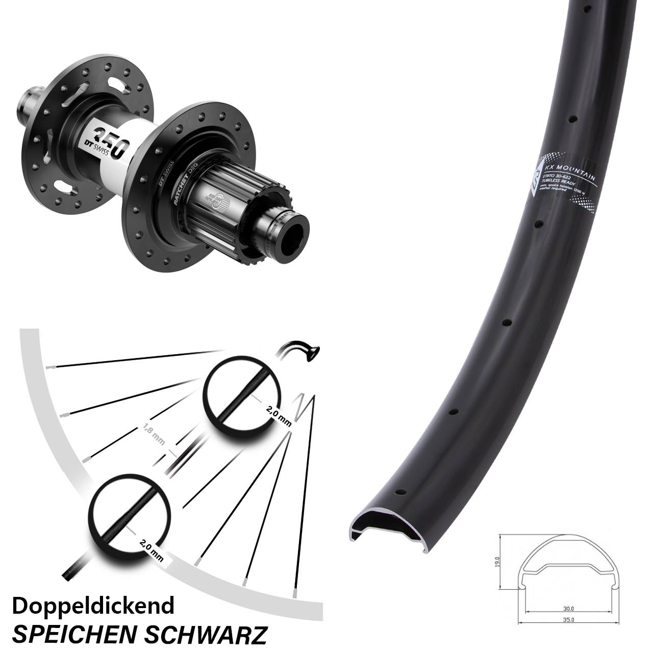 29 Zoll KX Mountain TR DT Swiss 350 DEG 72 Disc Laufrad 12x148 Micro Spline