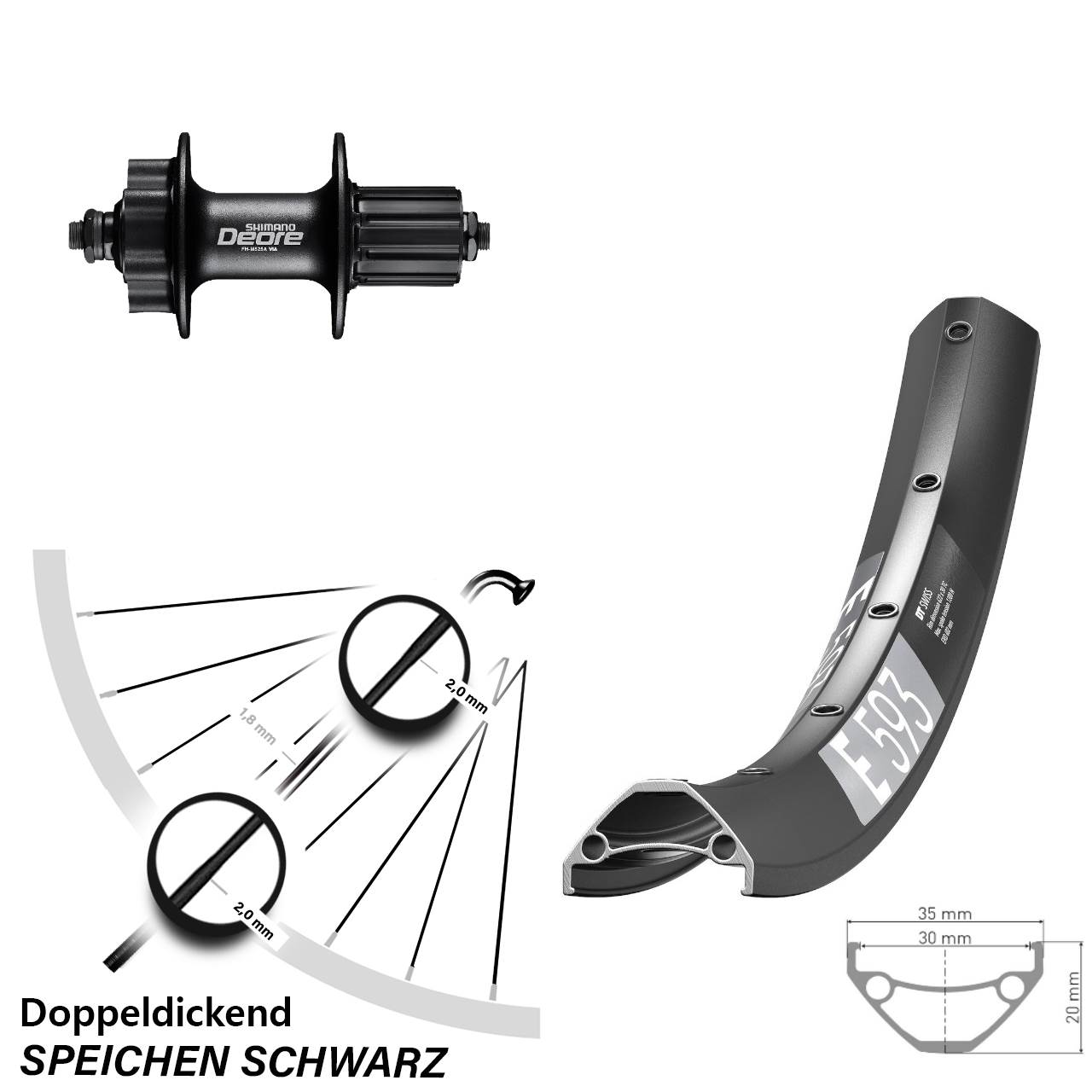 6-Loch Hinterrad 29 Zoll DT Swiss E 593 Shimano Deore 8-11 fach HG QR