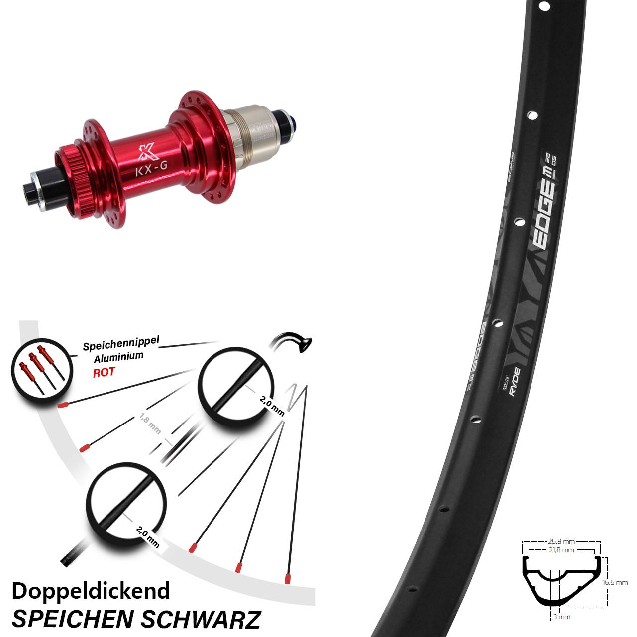 Ryde Edge M22 KX-G rot XD-R 28-29 Zoll Disc Laufrad QR