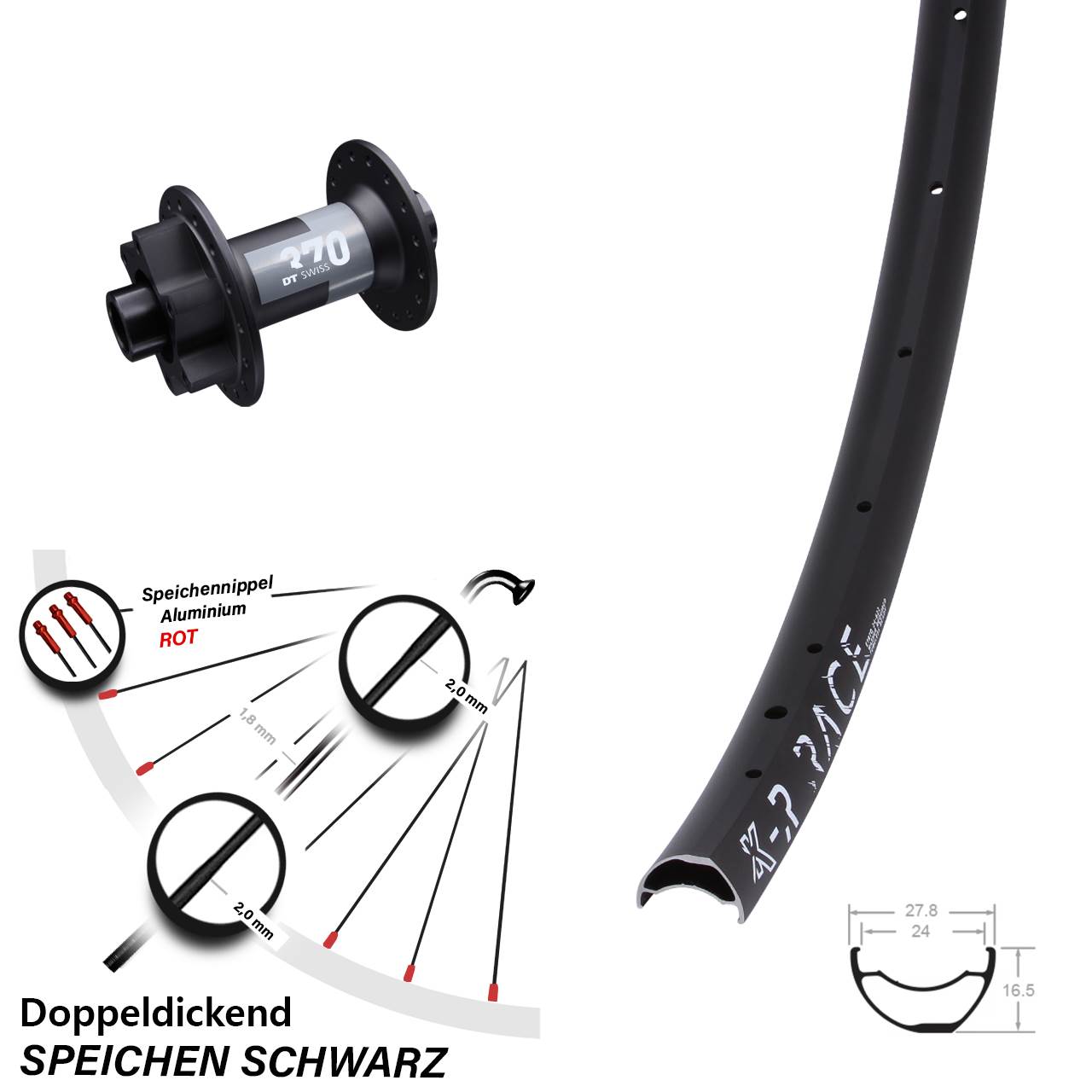 28 Zoll KX-R Race DT Swiss 370 Vorderrad 6-Loch 12x100
