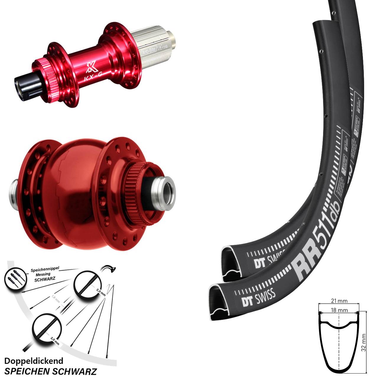 28 Zoll Laufradsatz DT Swiss RR 511 Disc Steckachse SON 28-12 Dynamo KX-G rot-eloxiert