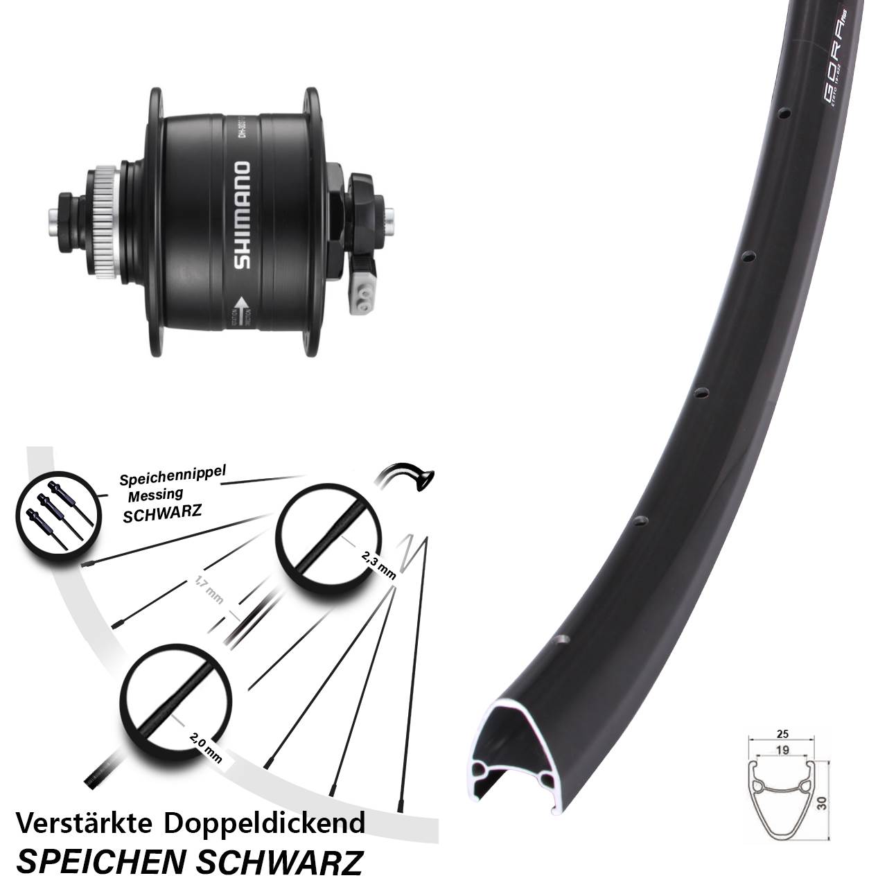 Disc Vorderrad mit Nabendynamo QR 28 Zoll Gora Plus Shimano DH-3D37-QR
