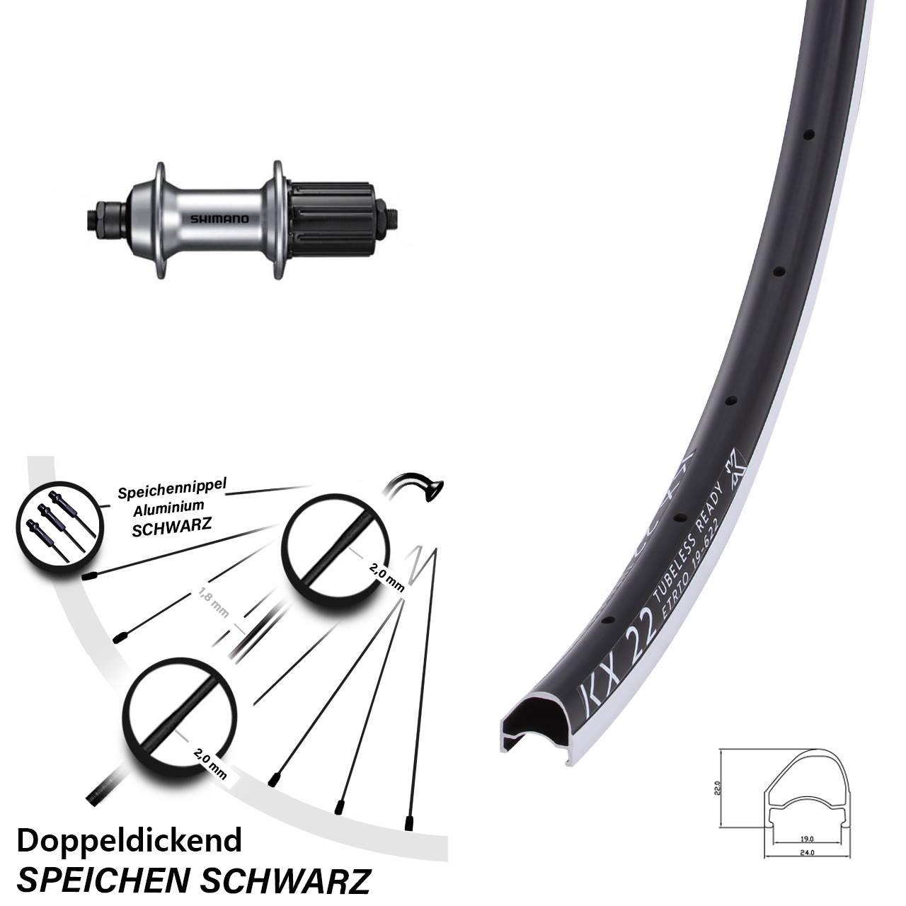 KX 22 OS Shimano FH-RS400 28 Zoll Laufrad hinten QR 11-12 fach HG