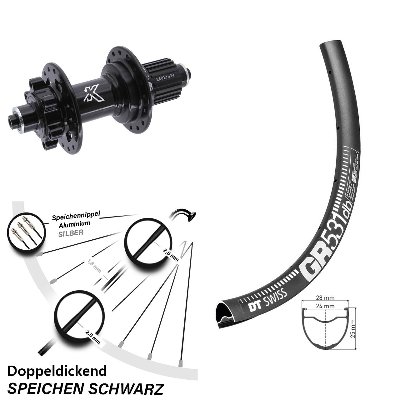 6-Loch Hinterrad 27,5 Zoll DT Swiss GR531 KX-M Micro Spline für Schnellspanner