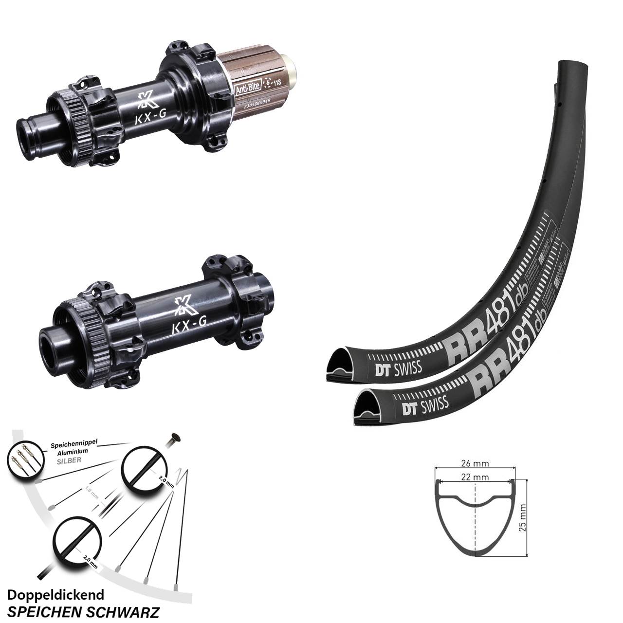 Laufradsatz 28 Zolll DT Swiss RR 481 Disc Straightpull KX-G schwarz Steckachse Shimano HG