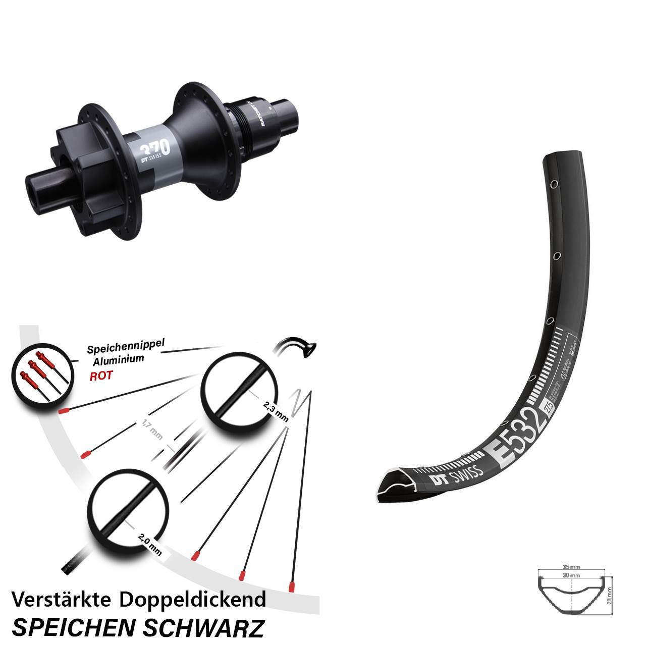 27,5 Zoll E 532 DT Swiss 370 Hinterrad 6-Loch 12x142 SRAM XD