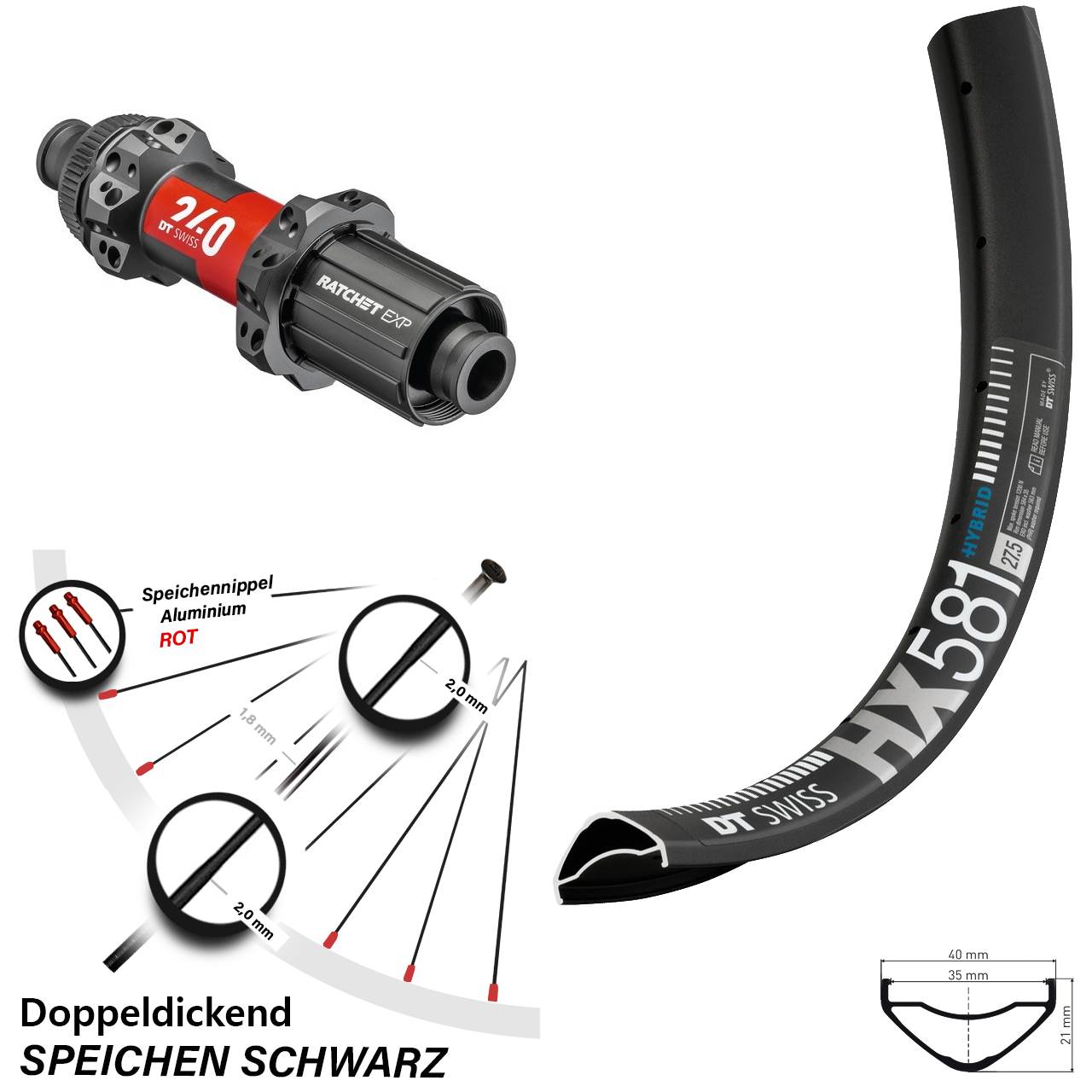 DT Swiss HX581-240 EXP Straightpull CL Boost Hinterrad 27,5 Zoll Shimano HG 8-11 fach