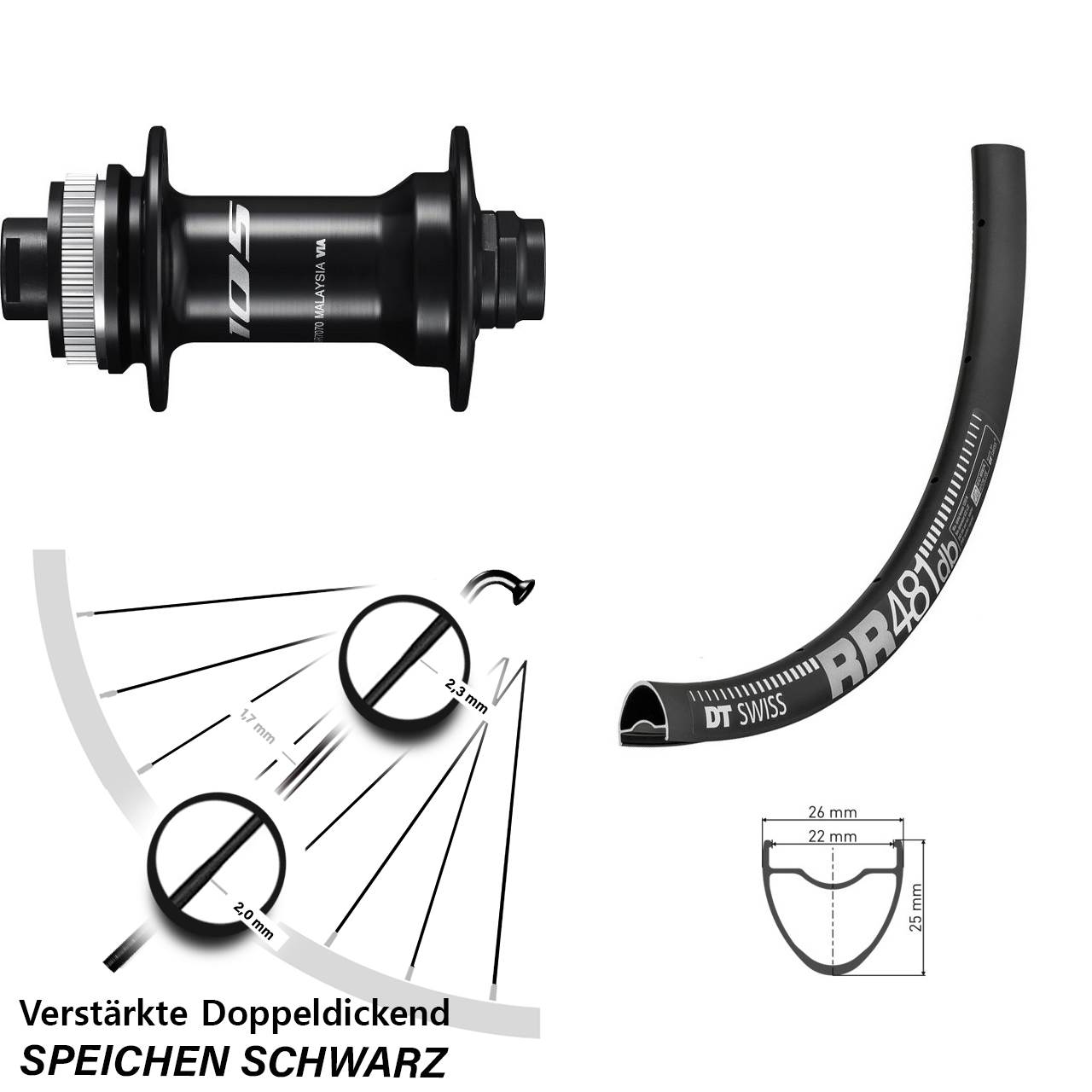 verstärktes 28 Zoll Vorderrad DT Swiss RR 481 DB mit Shimano 105 Nabe Centerlock