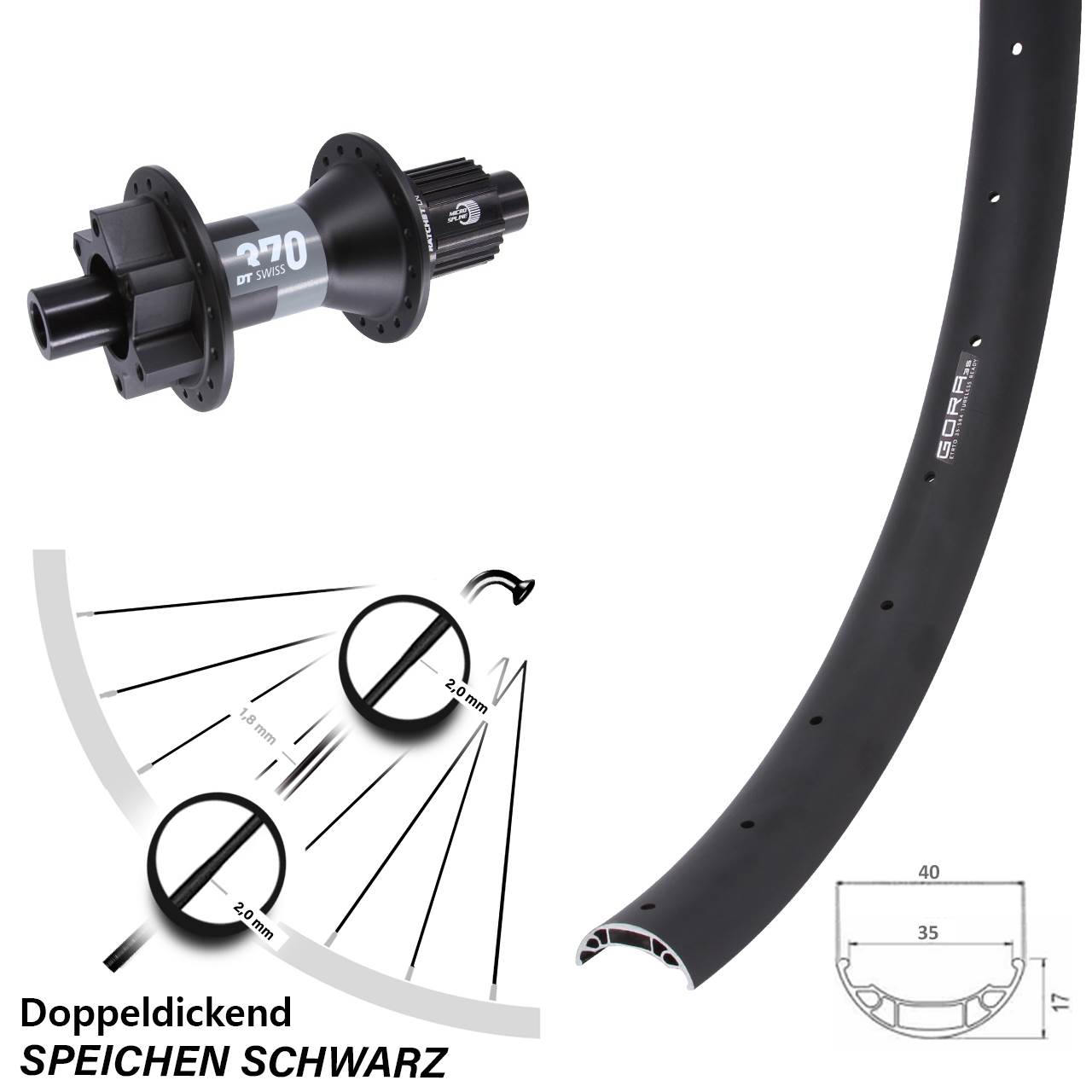 Disc Hinterrad 27,5 Zoll Gora 35 DT Swiss 370 Shimano Micro Spline 12x148