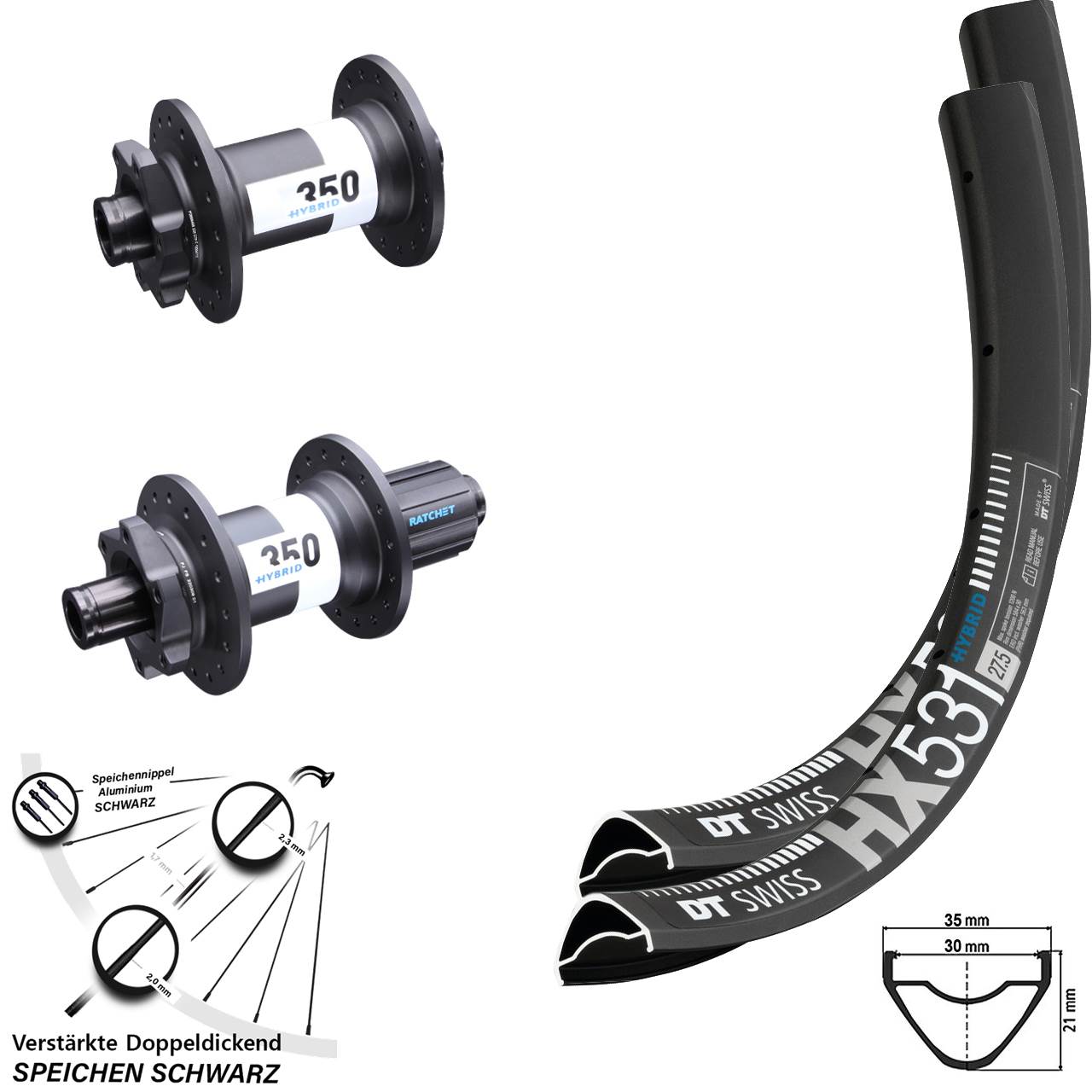 350 Hybrid DT Swiss HX 531 Laufradsatz 29 Zoll E-Bike Boost 15x110 12x148 6-loch