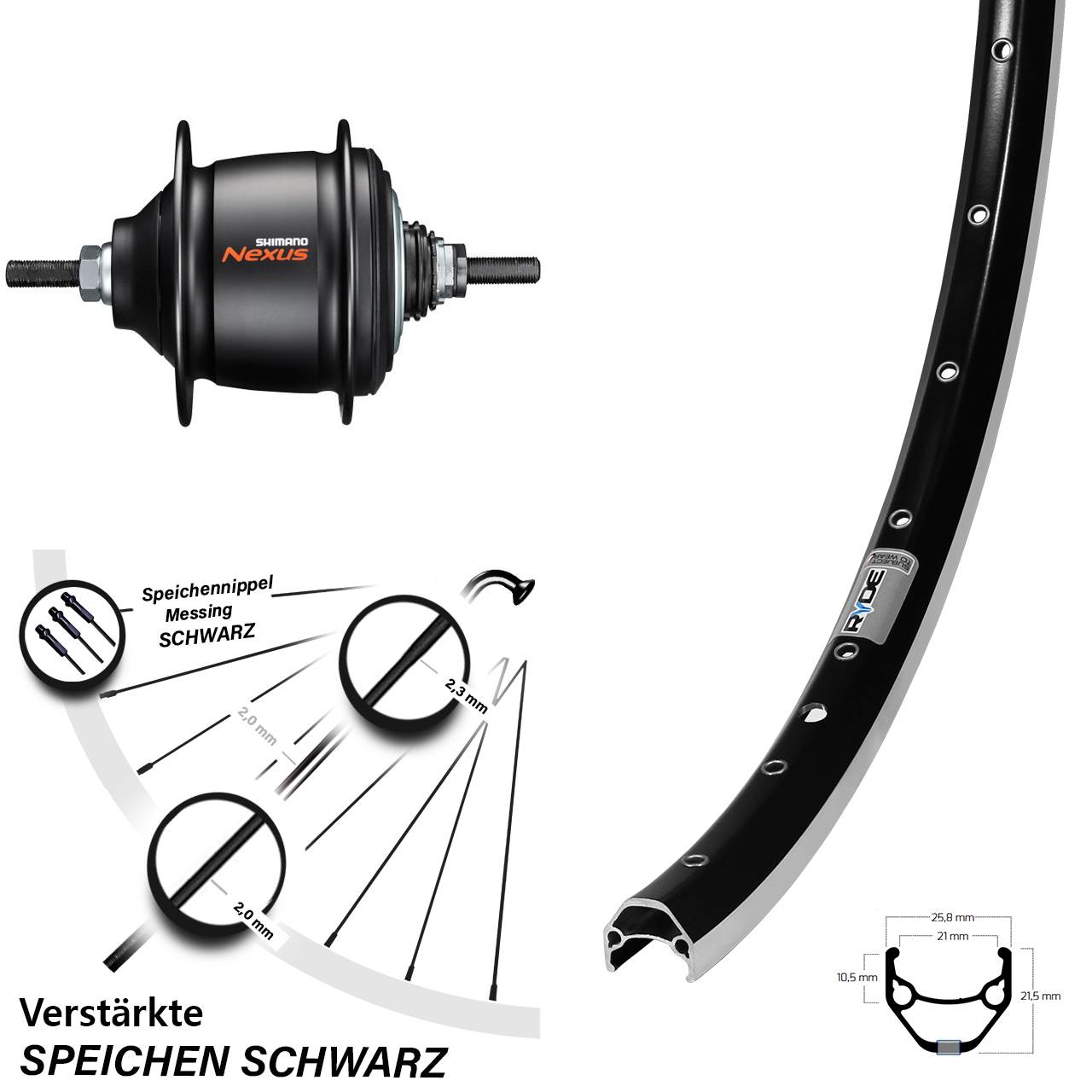 26 Zoll Ryde ZAC 421 Shimano Nexus 8 Gang Freilauf Hinterrad schwarz