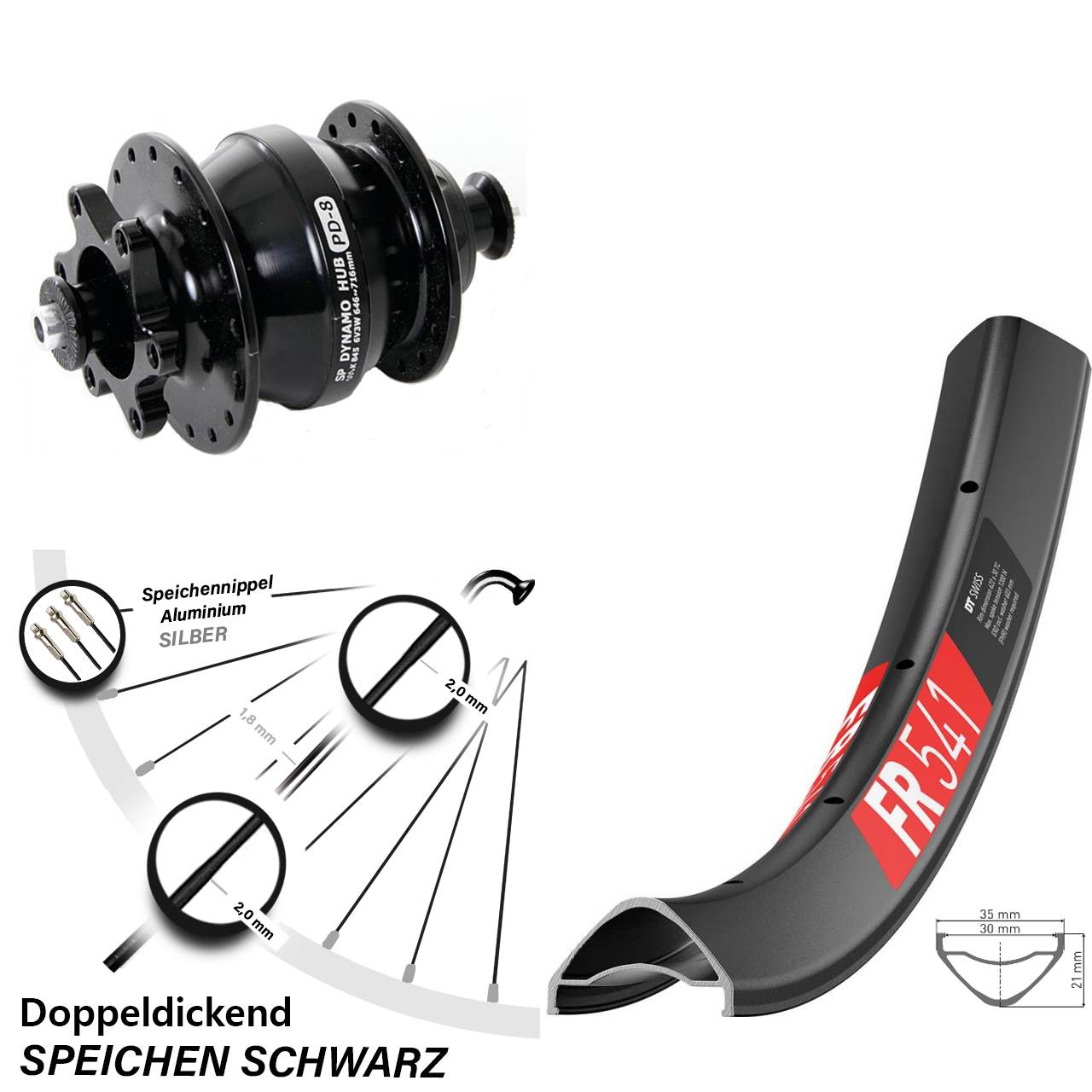 Nabendynamovorderrad 6-Loch 29 Zoll DT Swiss FR 541 Shutter PD-8 QR