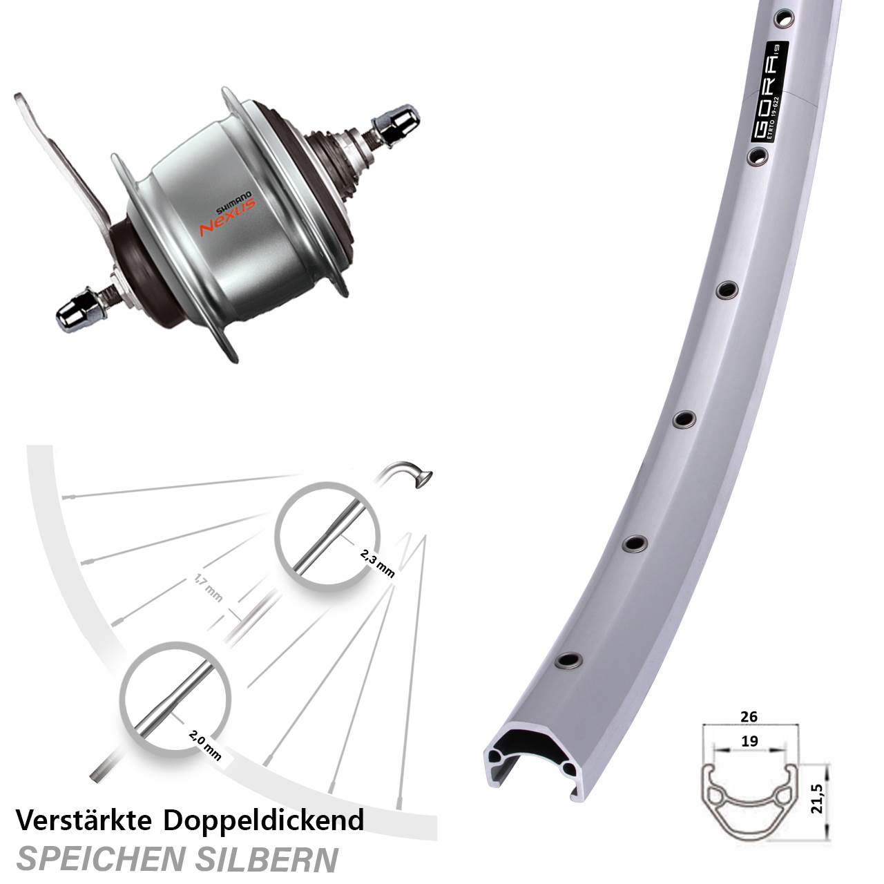 28 Zoll Gora 19 Shimano Nexus 8 Gang Hinterrad mit Rücktrittbremse silbern