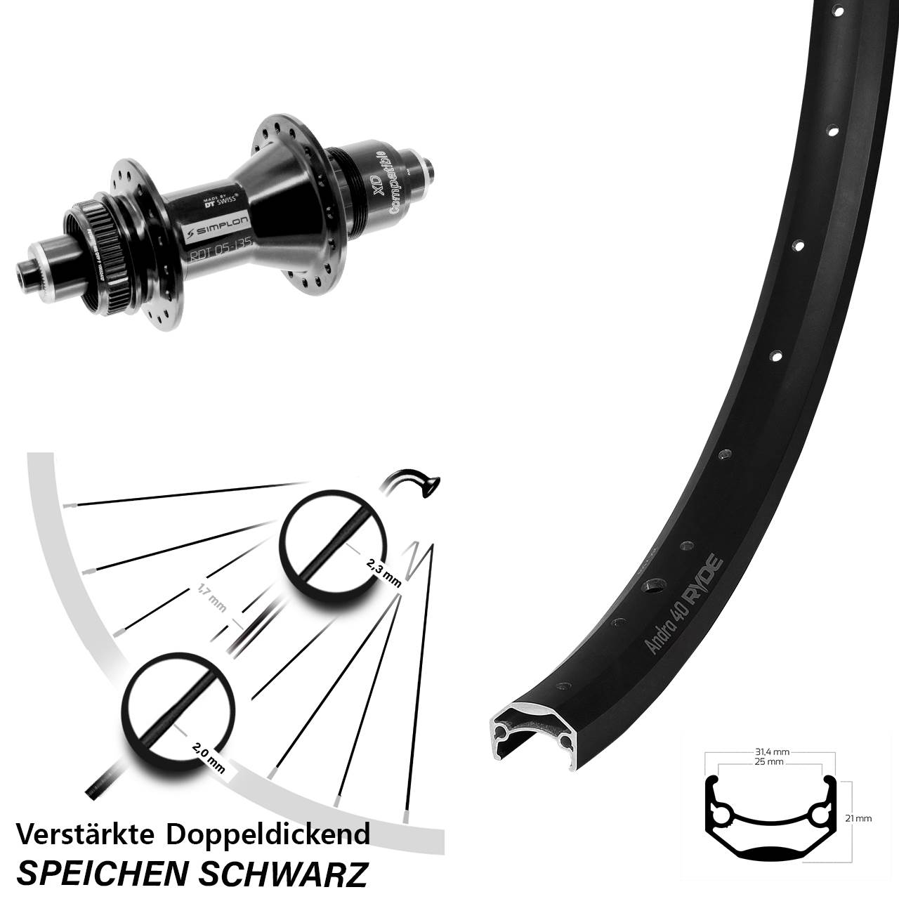 26 Zoll Ryde Andra 40 DT Swiss 370 Disc Hinterrad QR XD