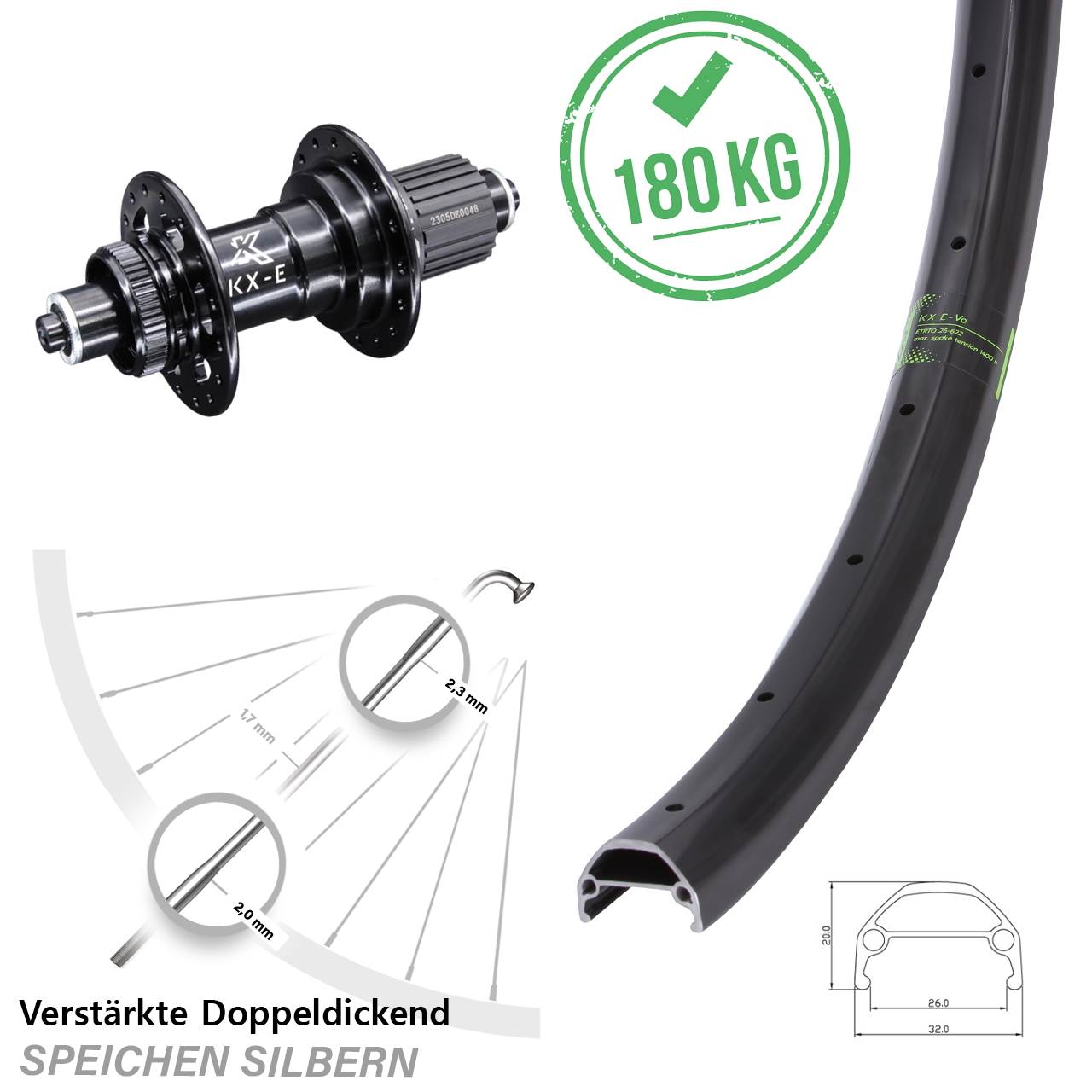 Centerlock Hinterrad 20 Zoll KX Evo E-Bike 6 Kugellager Shimano Micro Spline