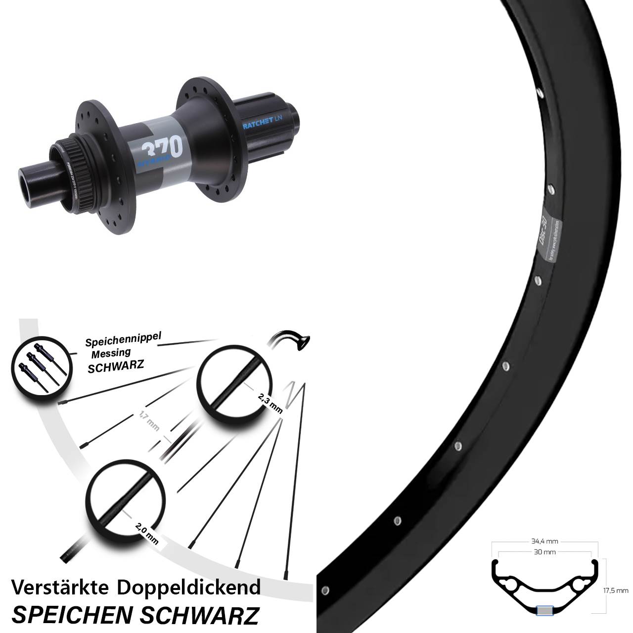 Hinterrad Centerlock 12x148 29 Zoll Ryde Disc 30 DT Swiss 370 Hybrid 8-11 fach HG