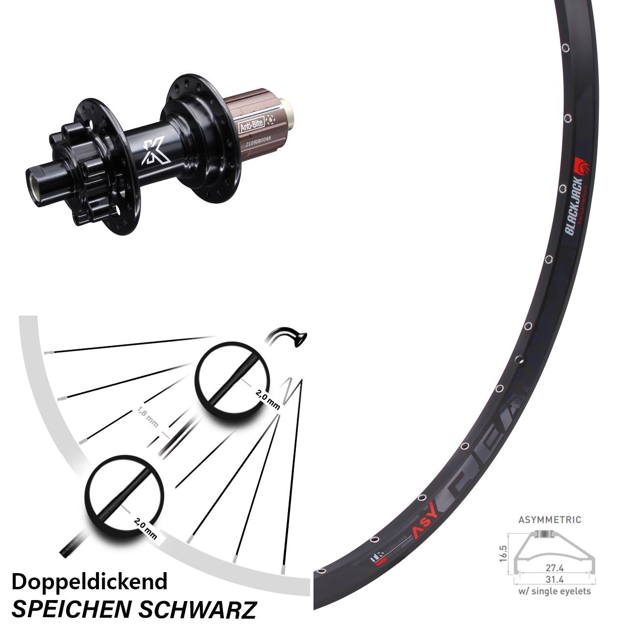 Rodi Ready 27-584 ETRTO Hinterrad 27,5 Zoll MTB KX-M 12x142 mm Steckachse 8-12 fach