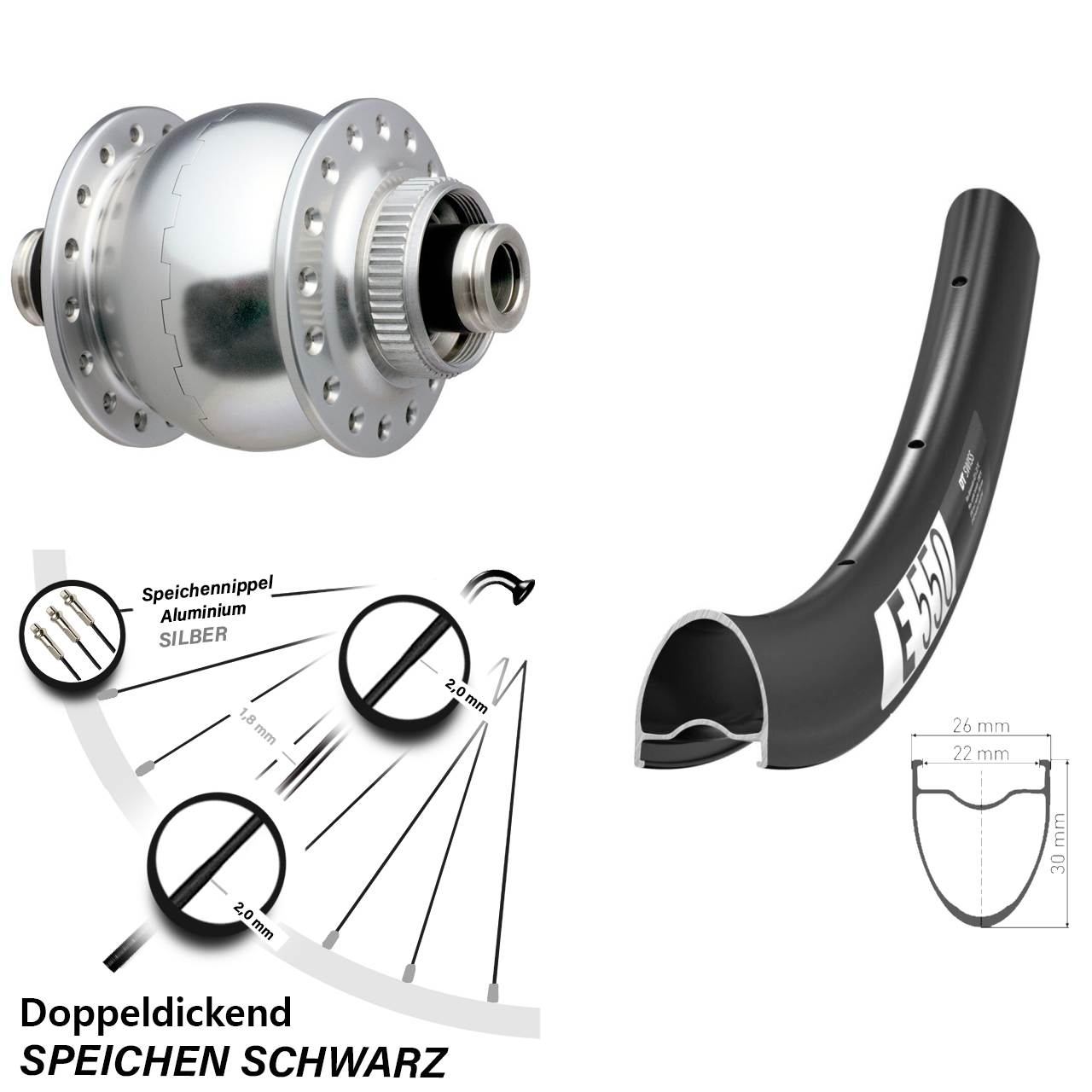 DT Swiss E550 SON 28 Zoll silbern Centerlock Vorderrad mit Nabendynamo 12x100