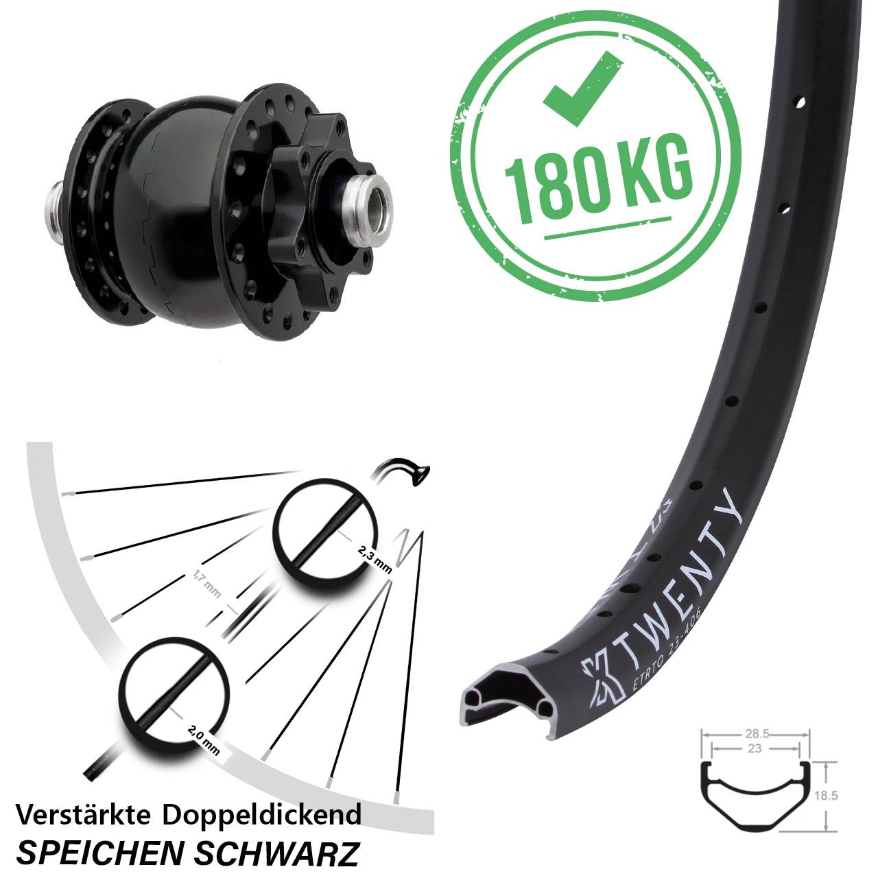 SON 28 KX Twenty 20 Zoll Disc Laufrad mit Nabendynamo 12x100