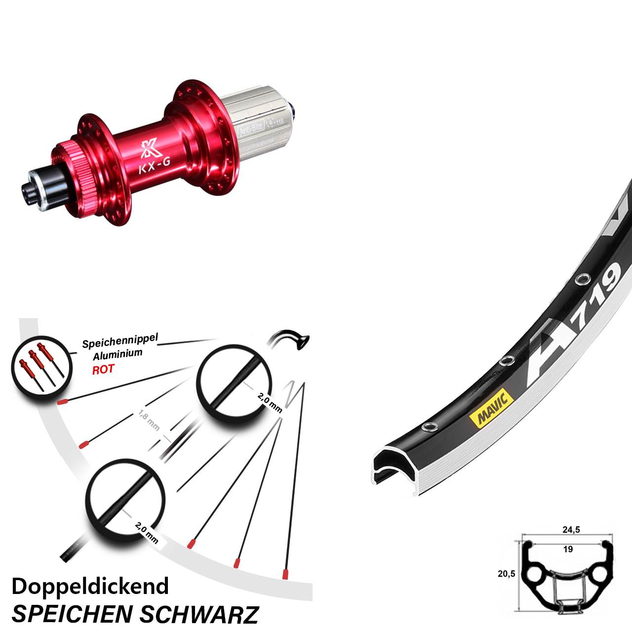 28 Zoll Hinterrad KX-G rot Schnellspanner 8-12 fach und Felgenbremse Mavic A 719