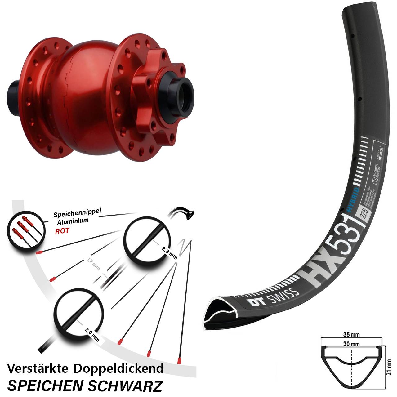 SON 28 rot DT Swiss HX 531 29 Zoll Vorderrad mit Nabendynamo 6-Loch 15x110 Boost