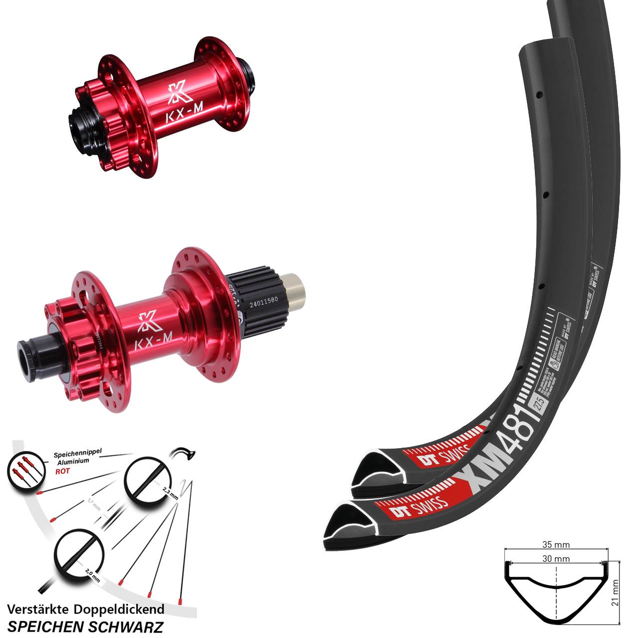 DT Swiss XM481 KX-M rot 27,5 Zoll 6-Loch Laufradsatz 12x100/142 Shimano Micro Spline