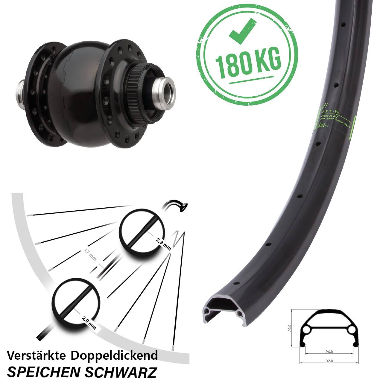 Vorderrad Bikepacking KX Evo breit Dynamo SON delux Disc Centerlock Steckachse
