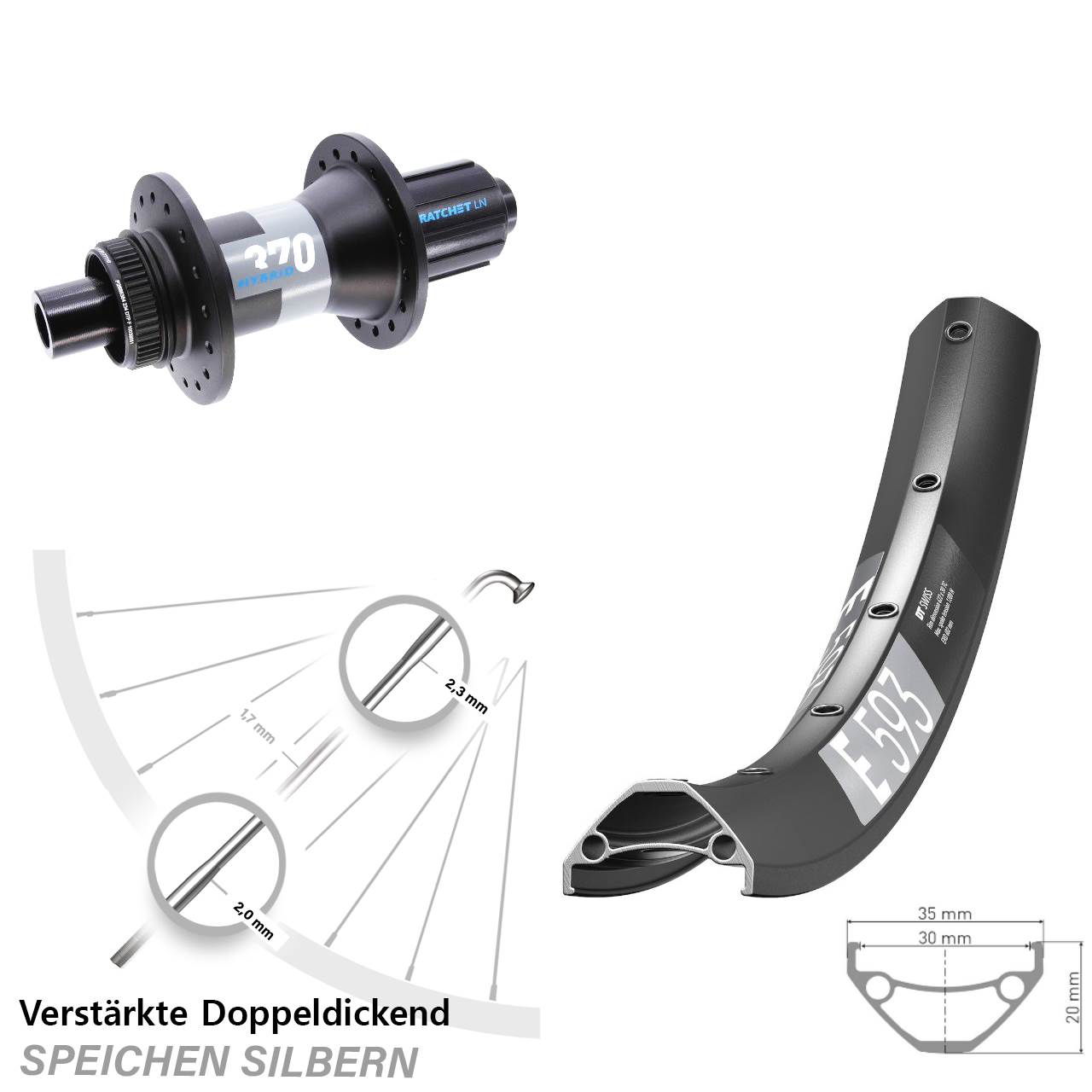 DT Swiss E593-370 Hybrid Boost 29 Zoll Hinterrad Centerlock 12x148 8-11 fach