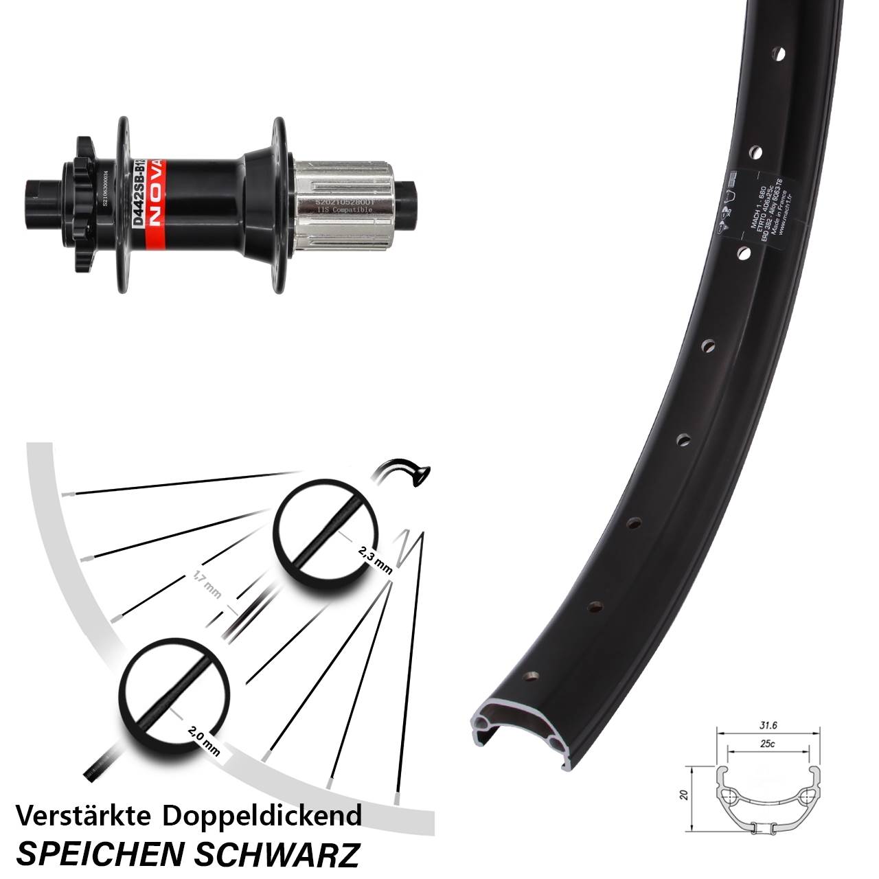 Hinterrad 6-Loch 20 Zoll Mach1 Kargo Novatec D-442 8-12 fach 12x148 Boost