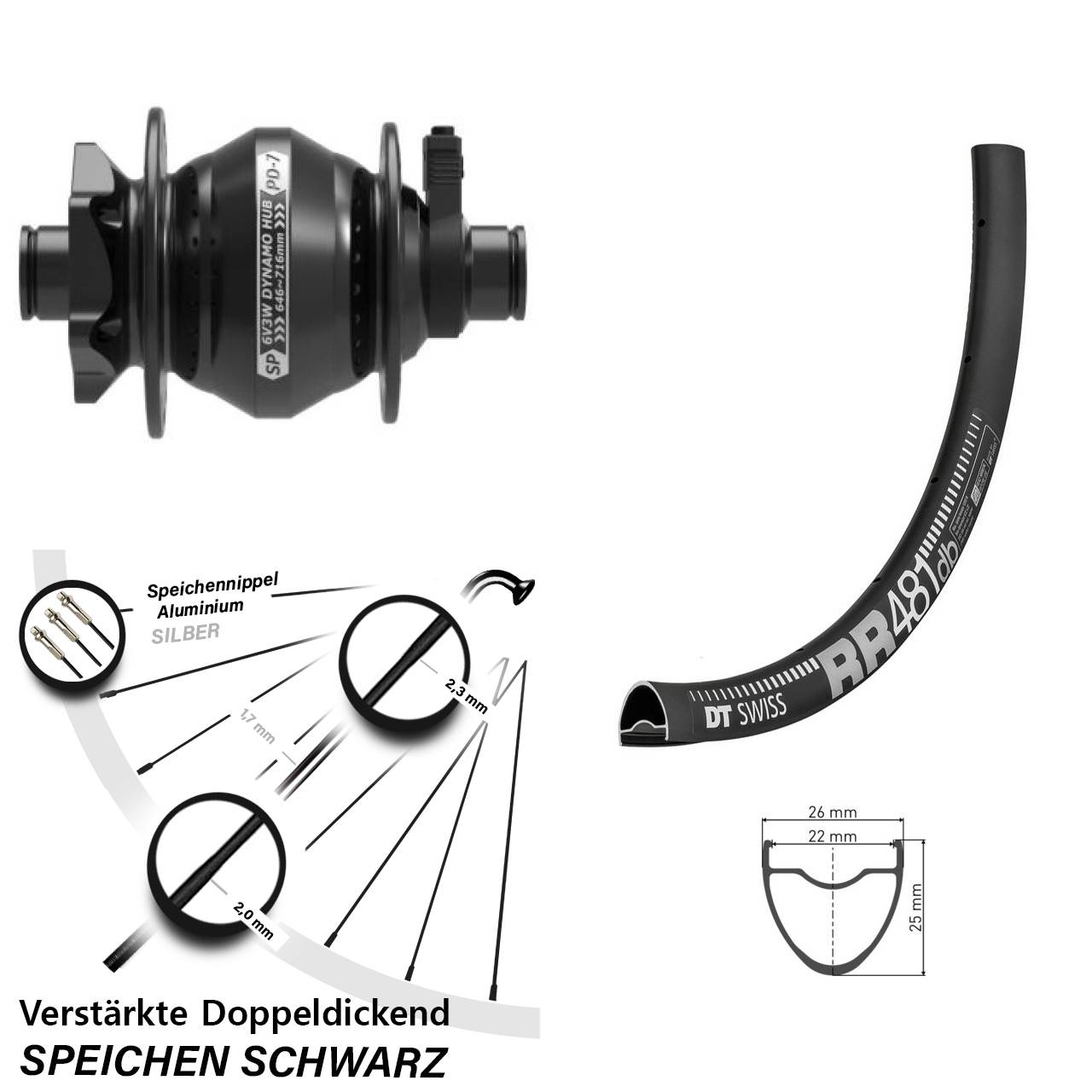 Nabendynamovorderrad 6-Loch 12x100 28 Zoll DT Swiss RR 481 Shutter PD-7