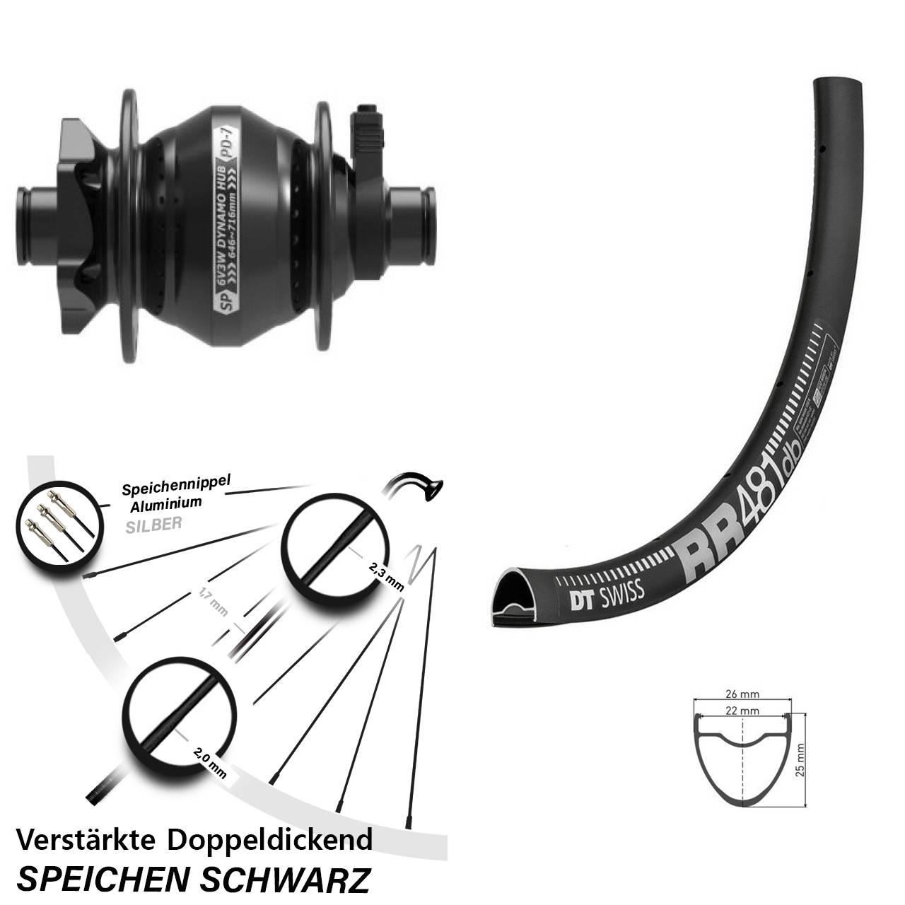 Nabendynamovorderrad 6-Loch 12x100 28 Zoll DT Swiss RR 481 Shutter PD-7