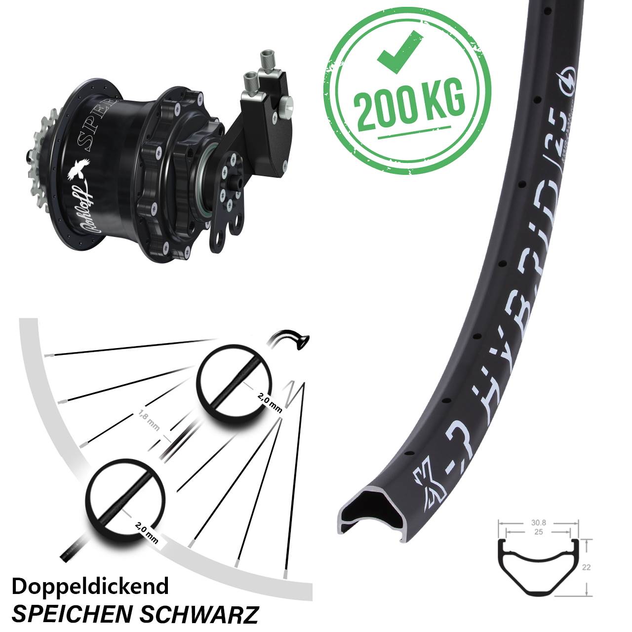 Laufrad 27,5 Zoll KX-R Hybrid 25 Rohloff Speedhub 500/14 CC DB Tandem schwarz