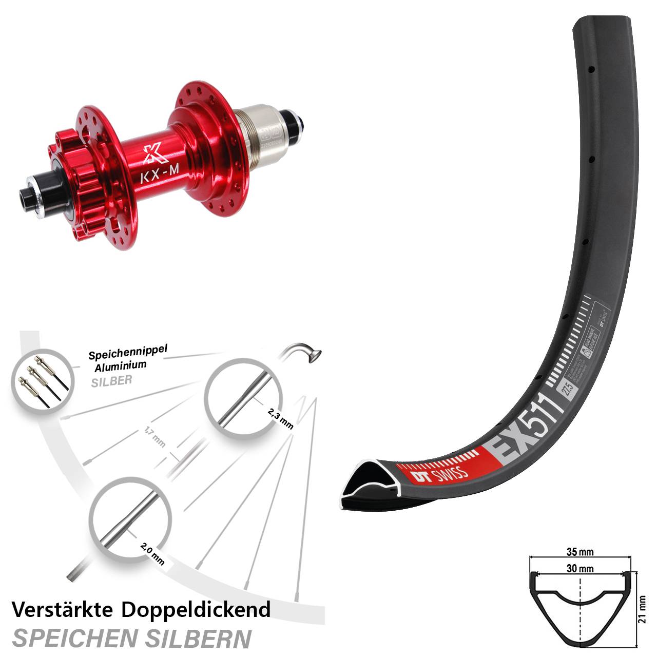 DT Swiss EX 511 KX-M rot 29 Zoll Hinterrad 6-Loch für Schnellspanner XD 11-12 fach