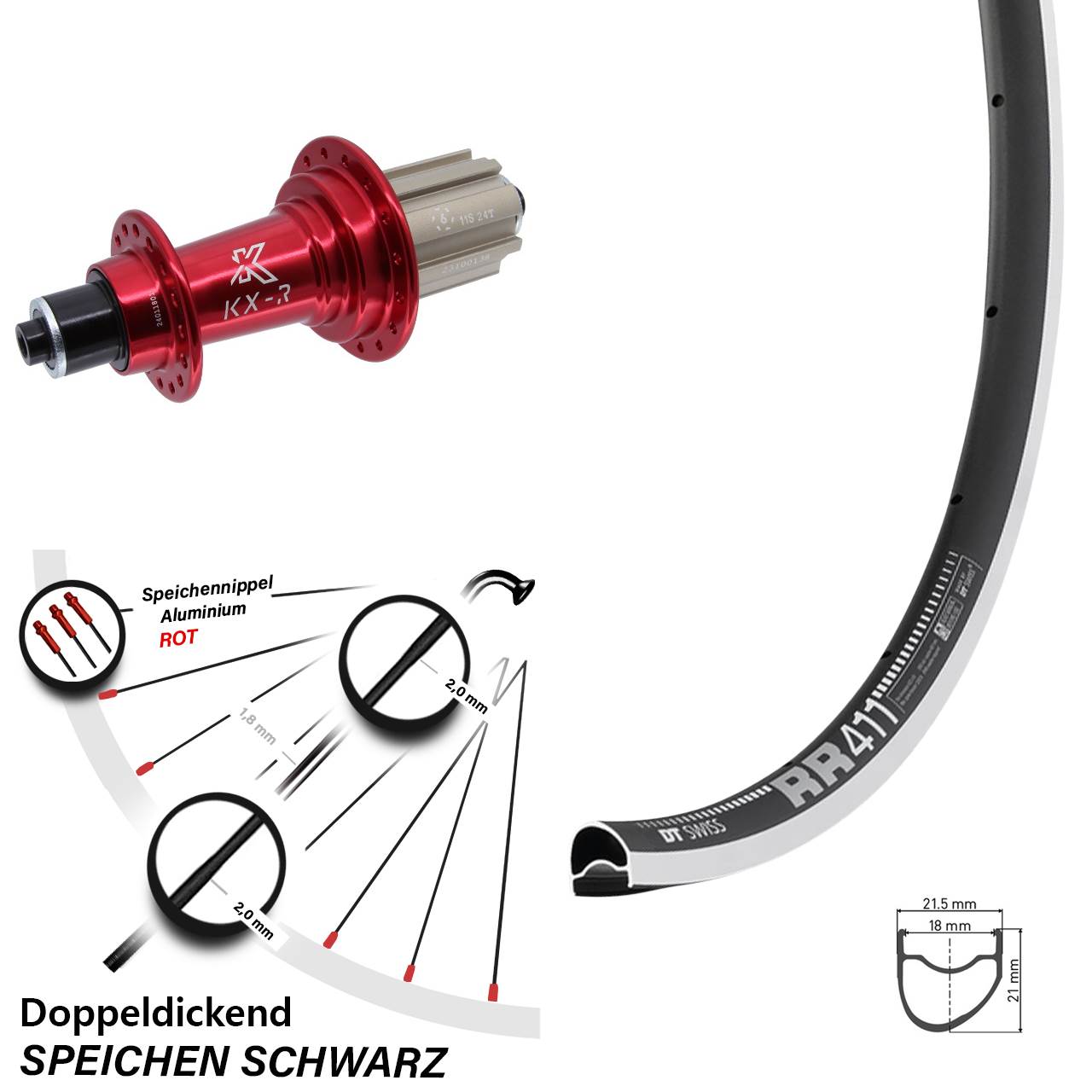 Hinterrad 28 Zoll DT Swiss RR411 OS KX-R rot Campa 8-12 fach für Schnellspanner