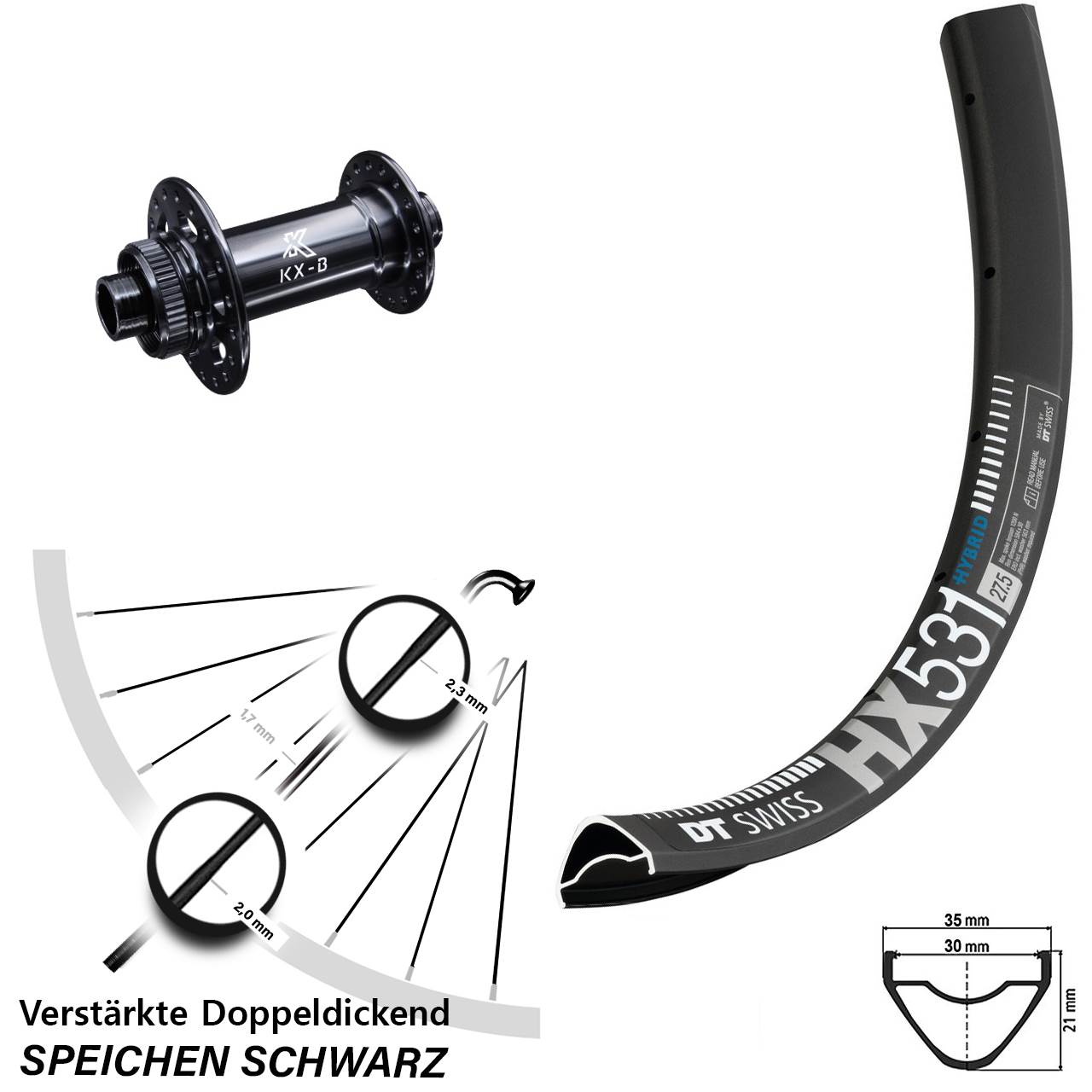 DT Swiss HX531 KX-B 27,5 Zoll Centerlock Vorderrad 15x110 Boost