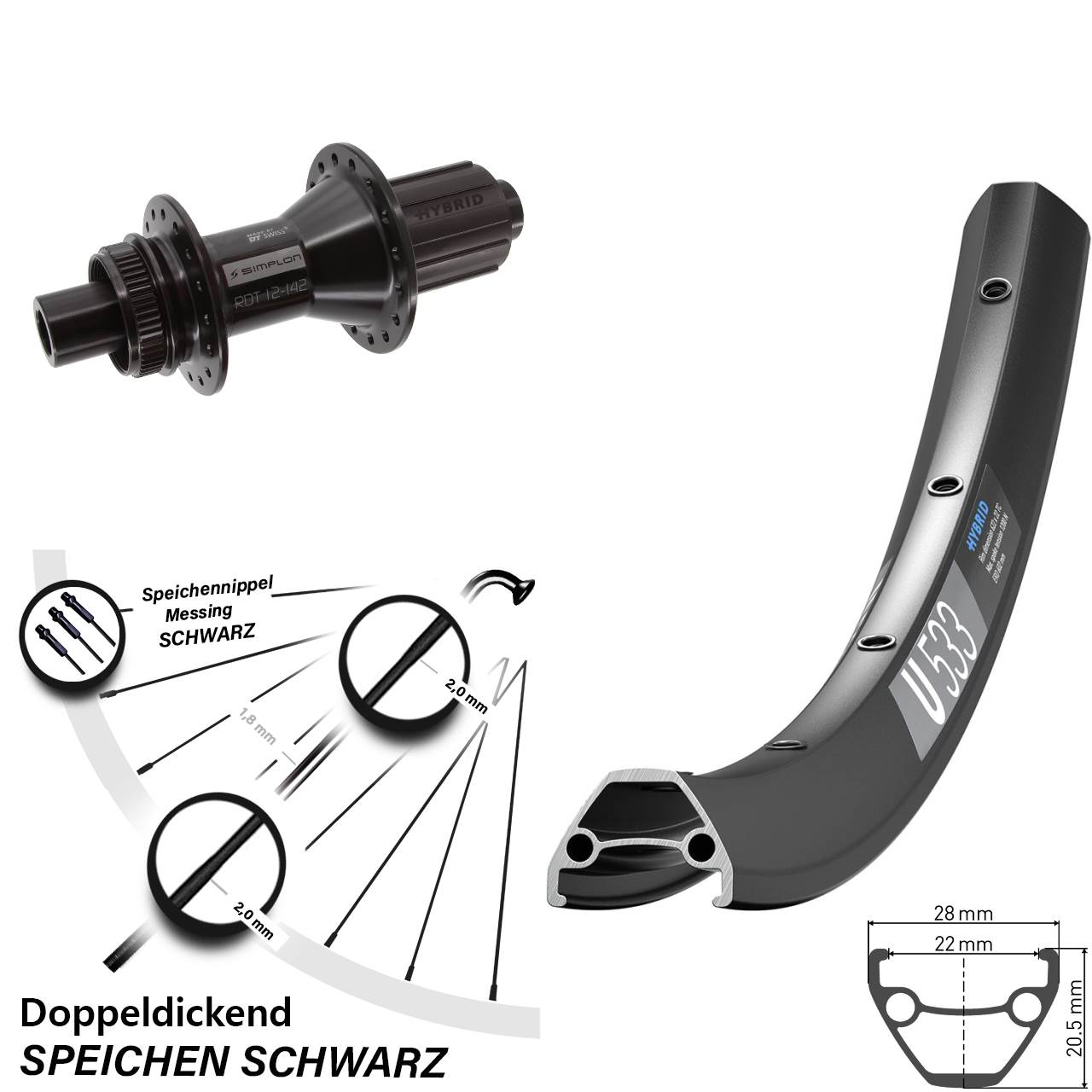 Centerlock Hinterrad 28 Zoll DT Swiss U 533-370 Hybrid 8-11 fach 12x142