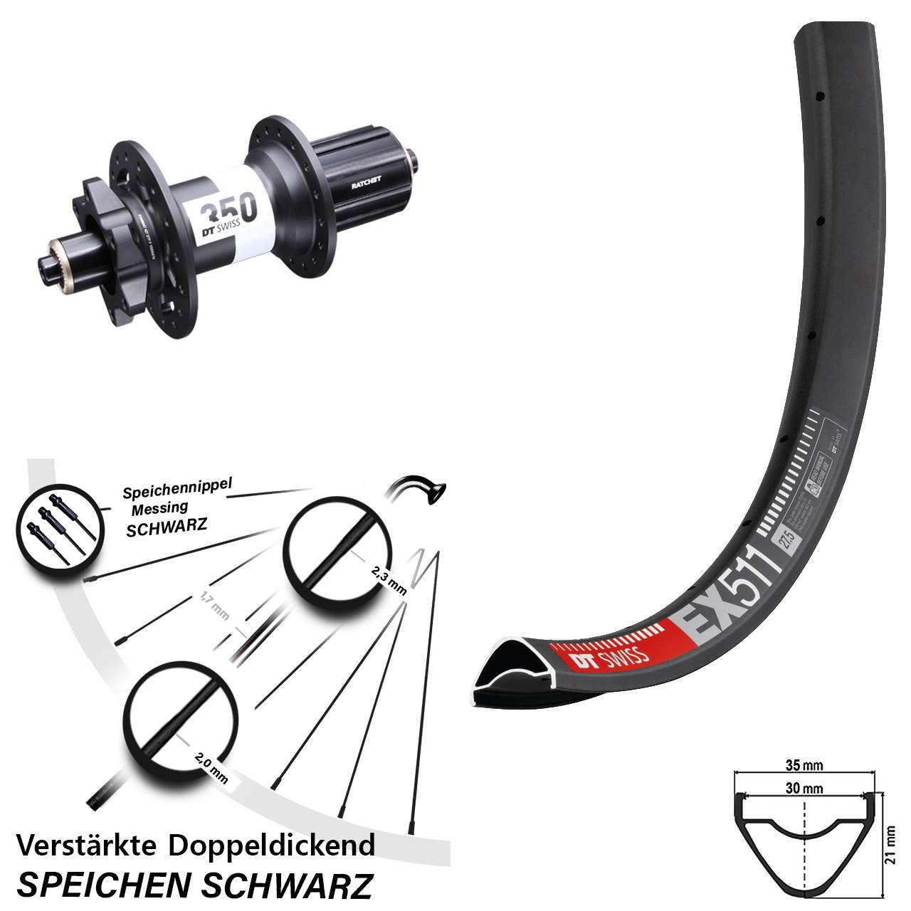 29 Zoll DT Swiss EX 511- 350 Ratchet 36 Disc Laufrad für Schnellspanner 8-11 fach HG