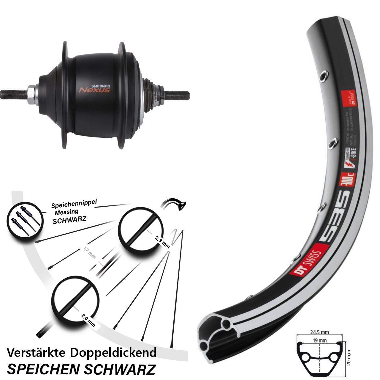 Hinterrad 28 Zoll DT Swiss 535 schwarz Shimano Nexus 8 Gang Premium