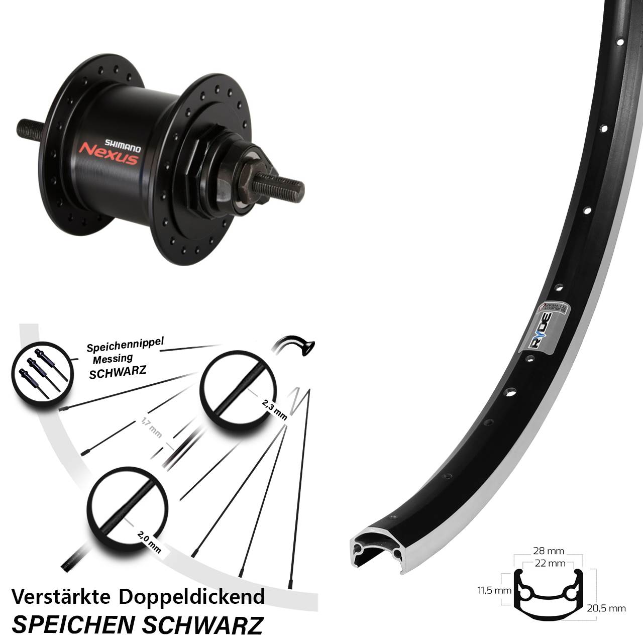 Vorderrad mit Nabendynamo Vollachse 650B Ryde Andra 35 Shimano Nexus DH-C3000-1N