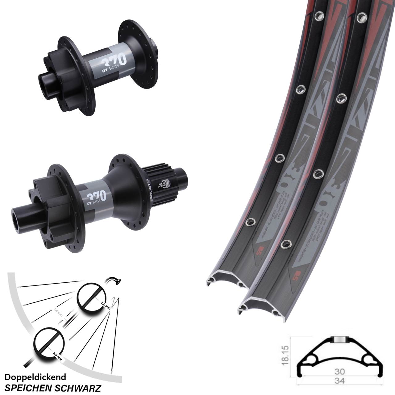 Rodi TRYP30 DT Swiss 370 29 Zoll Disc Laufrad-Satz 15x100 12x142 Shimano Micro Spline