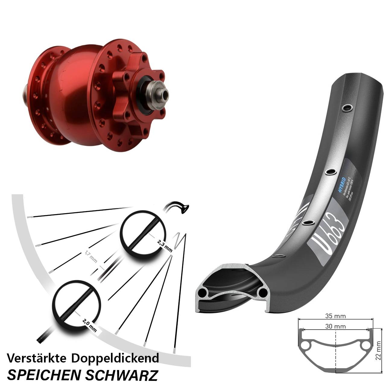 Disc Laufrad mit Nabendynamo 26 Zoll DT Swiss U 663 SON 28 rot für Schnellspanner