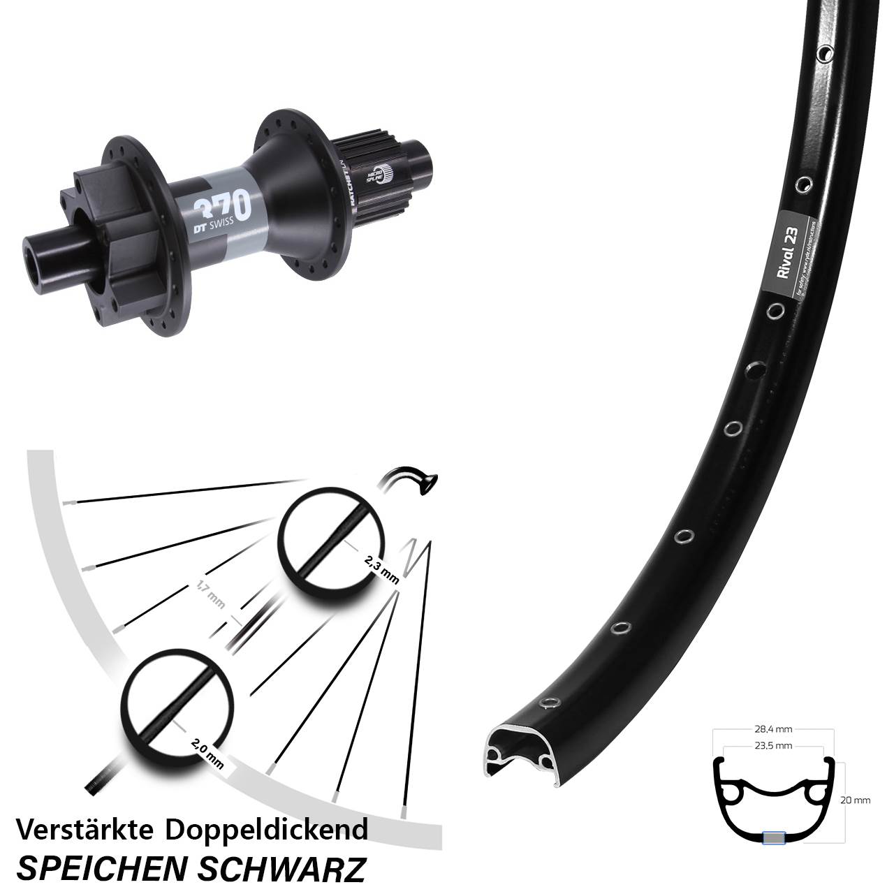 Disc Hinterrad 27,5 Zoll Ryde Rival 23 DT Swiss 370 Micro Spline 12x148 Boost