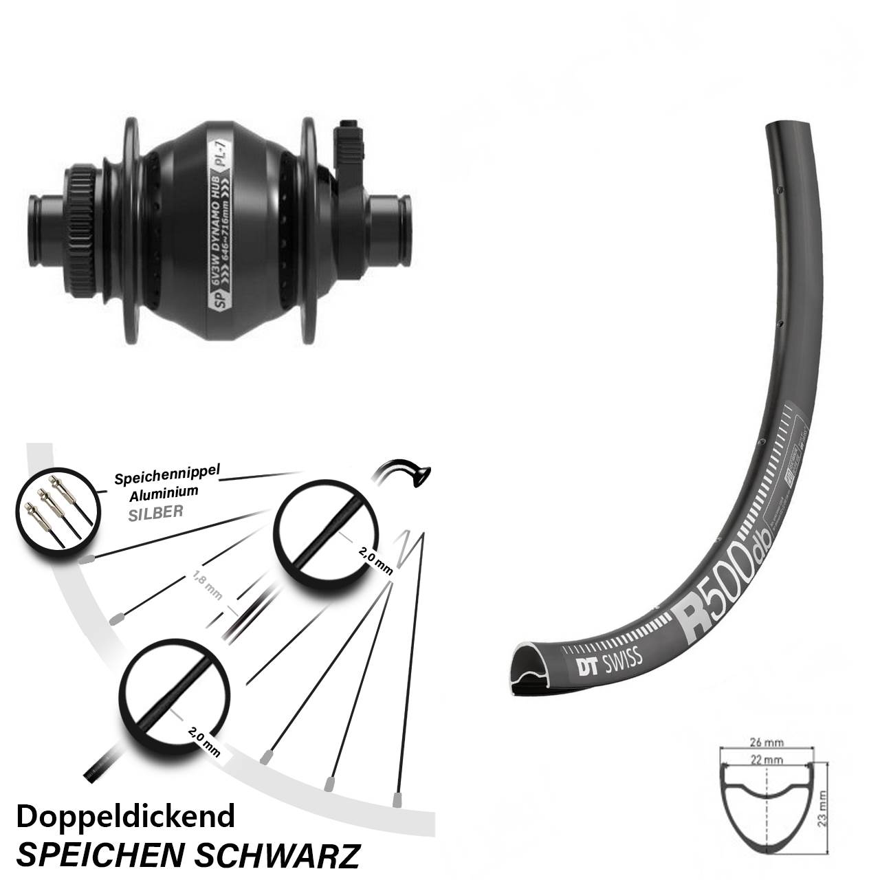 Nabendynamo Vorderrad Shutter Precision PL-7 DT Swiss R 500 28-29 Zoll für Steckachse