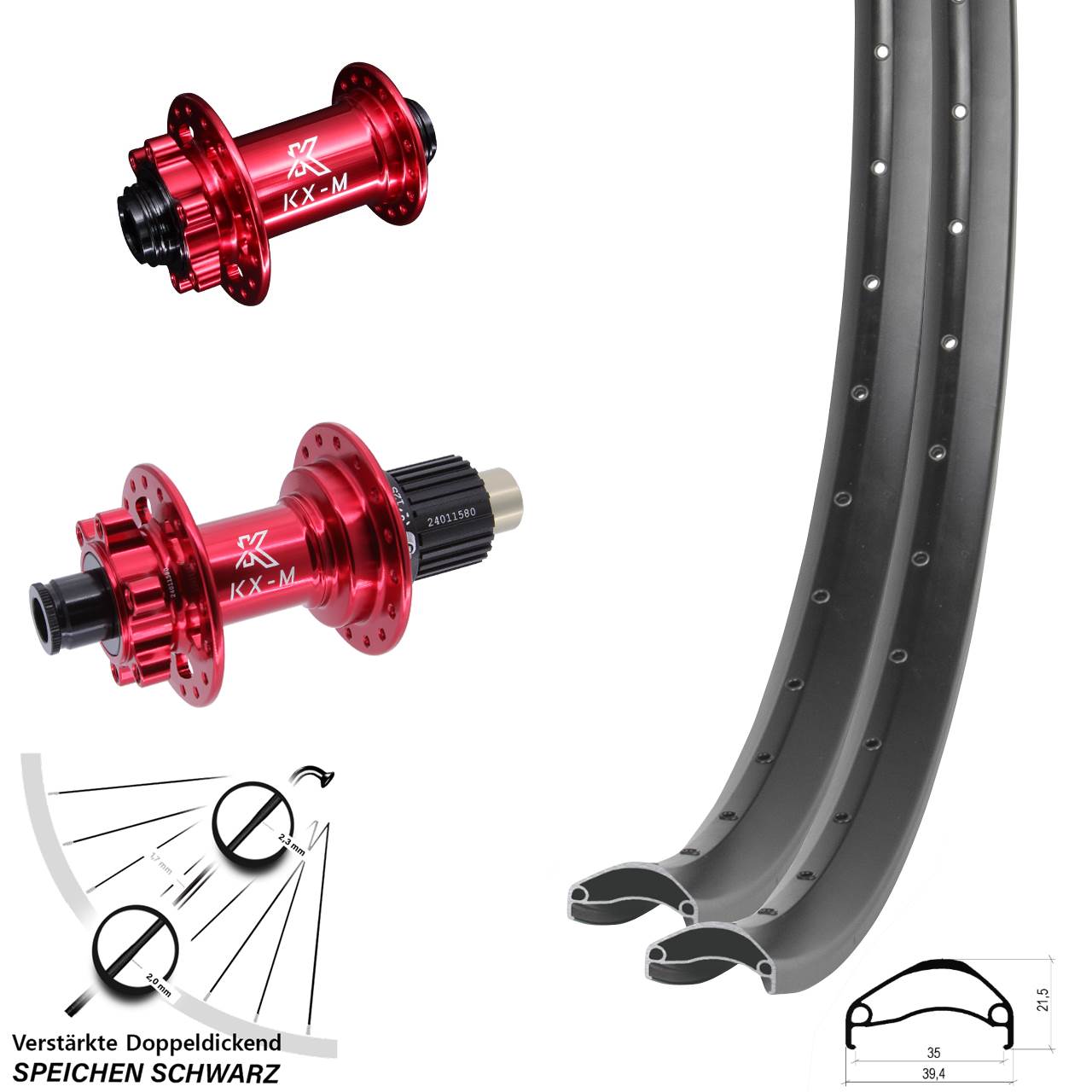 Ambrosio E35 KX-M rot 27,5 Zoll Disc Laufrad-Satz 15x100 12x142 Shimano Micro Spline