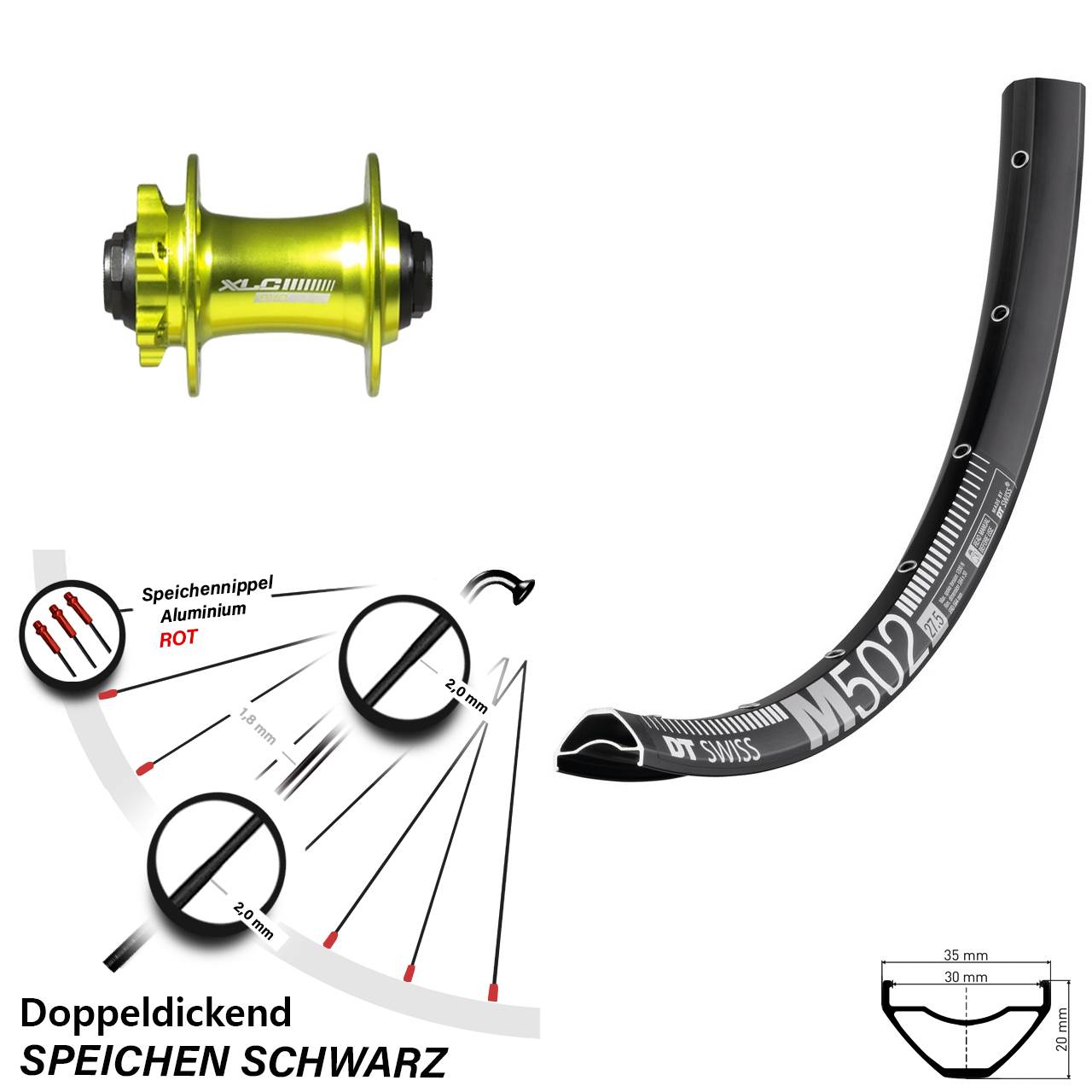 27,5 Zoll DT Swiss M502 XLC Evo grün eloxiert Disc Laufrad 15x100